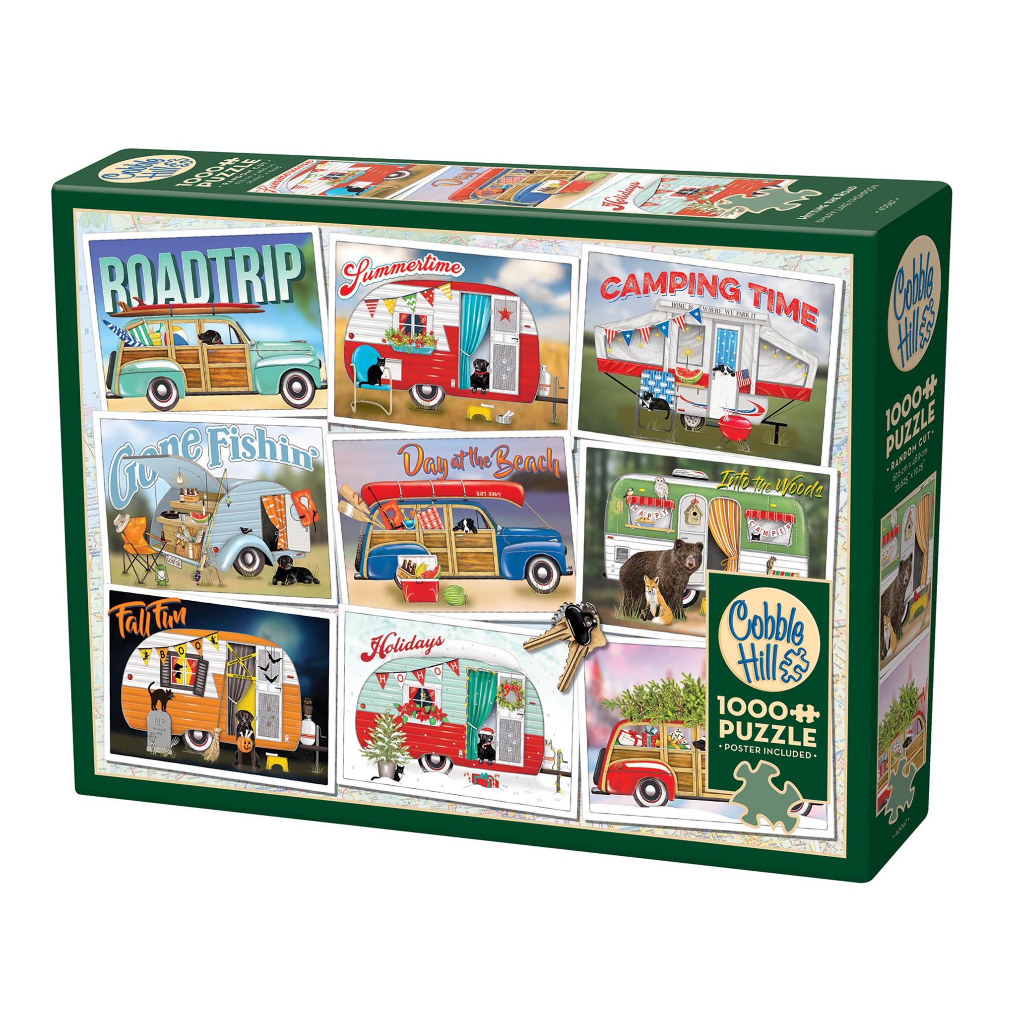 A 1000 piece Cobble Hill jigsaw puzzle box featuring artist Mary Lake-Thompson's work with vintage camper illustrations.
