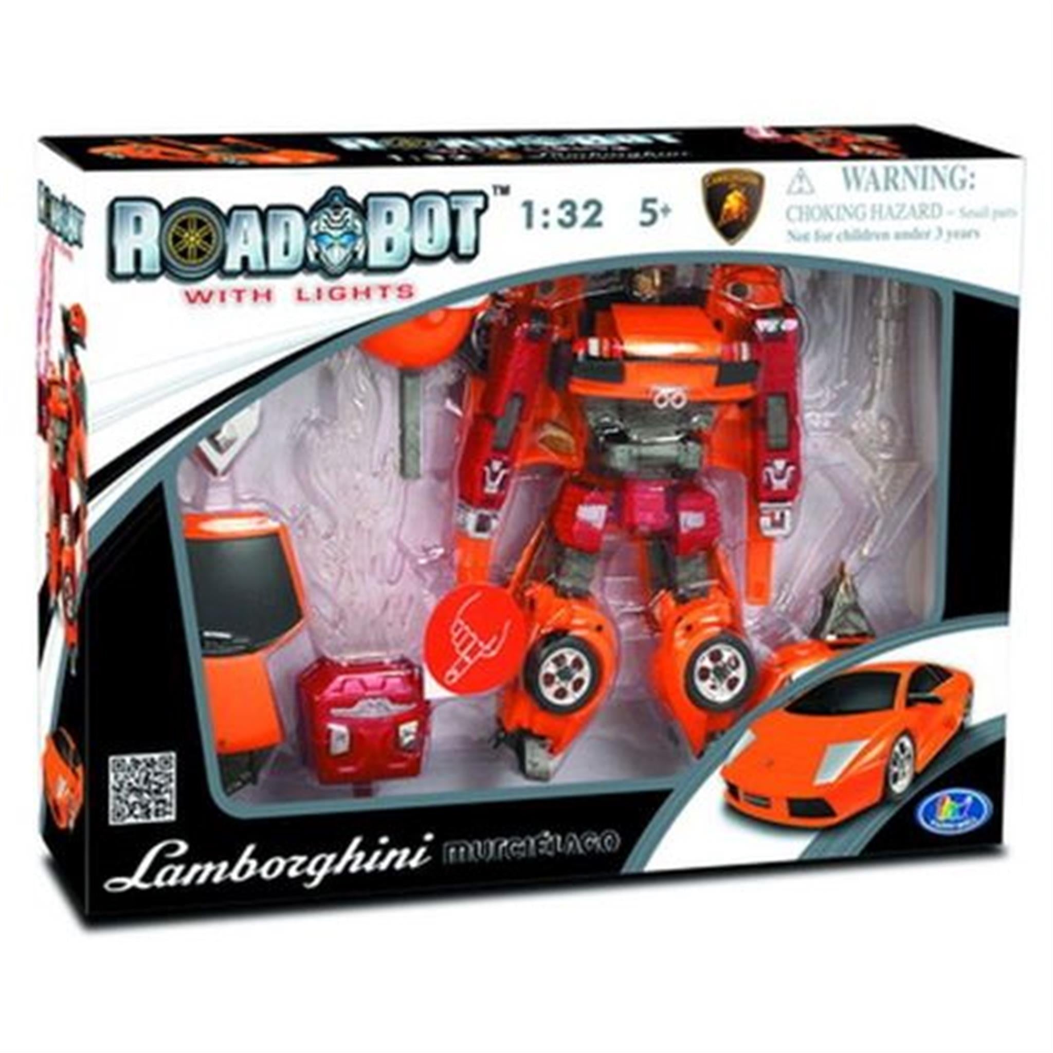 Packaged Roadbot toy that transforms a car into a robot, modeled as a Lamborghini, with red and orange colors, and including small toy cars in the package.