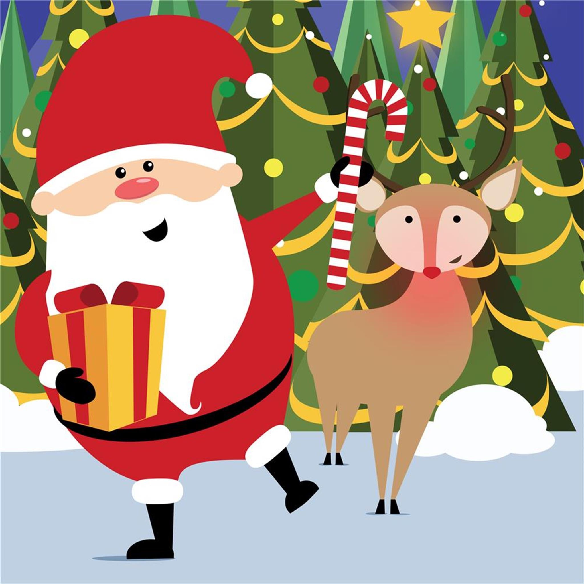 Illustration of Santa Claus holding a gift box with a red and white striped candy cane, standing next to a reindeer, with Christmas trees in the background.