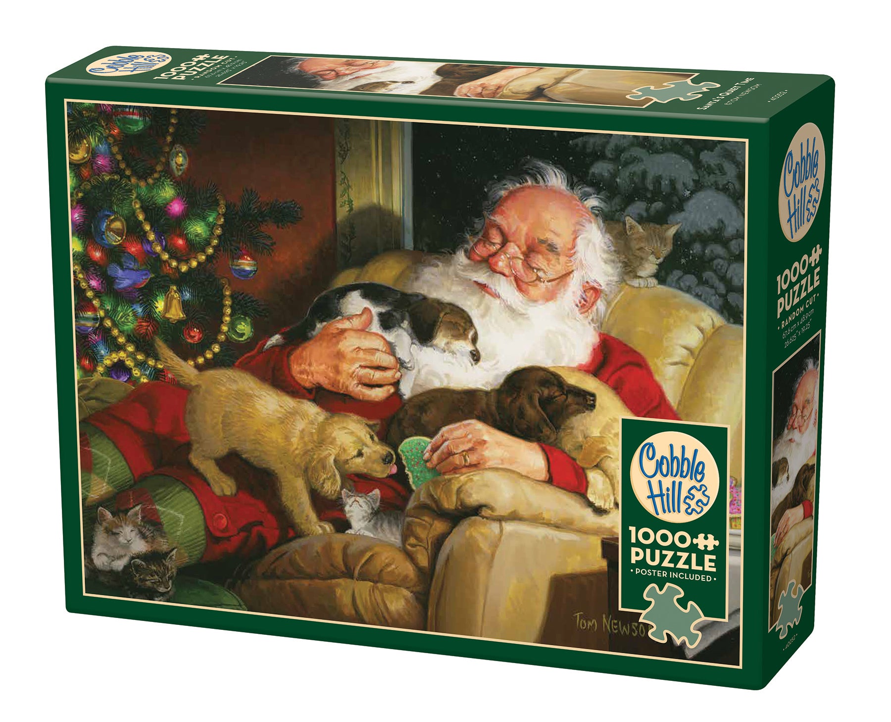 A puzzle box featuring an illustration of Santa Claus napping in a chair with four puppies and kittens curled up on his lap, beside a decorated Christmas tree.