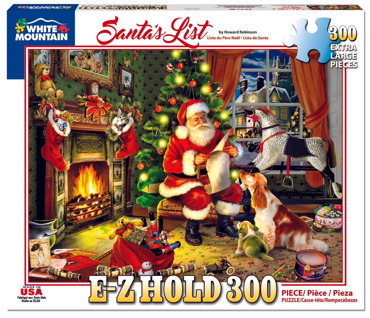 A 300-piece jigsaw puzzle depicting a Christmas scene with Santa Claus sitting by a fireplace, surrounded by a dog and a cat, and looking at a list.