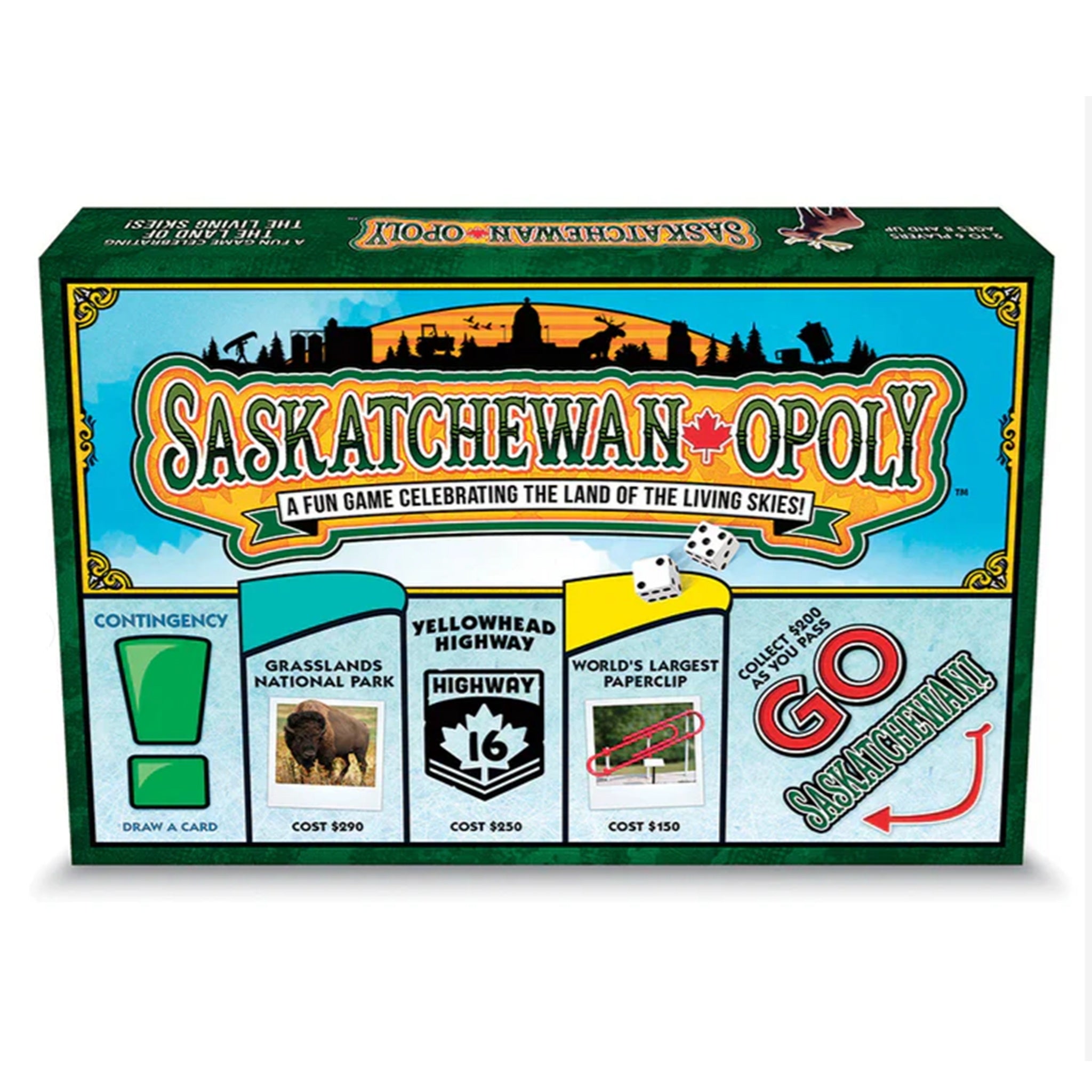 A board game box for 'Saskatchewan Opoly', featuring images of Saskatchewan landmarks and game elements like a game board and property cards.