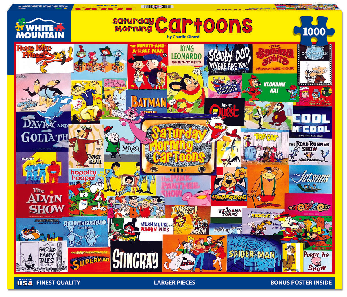 A 1000-piece jigsaw puzzle box featuring various classic cartoon characters and show title screens.