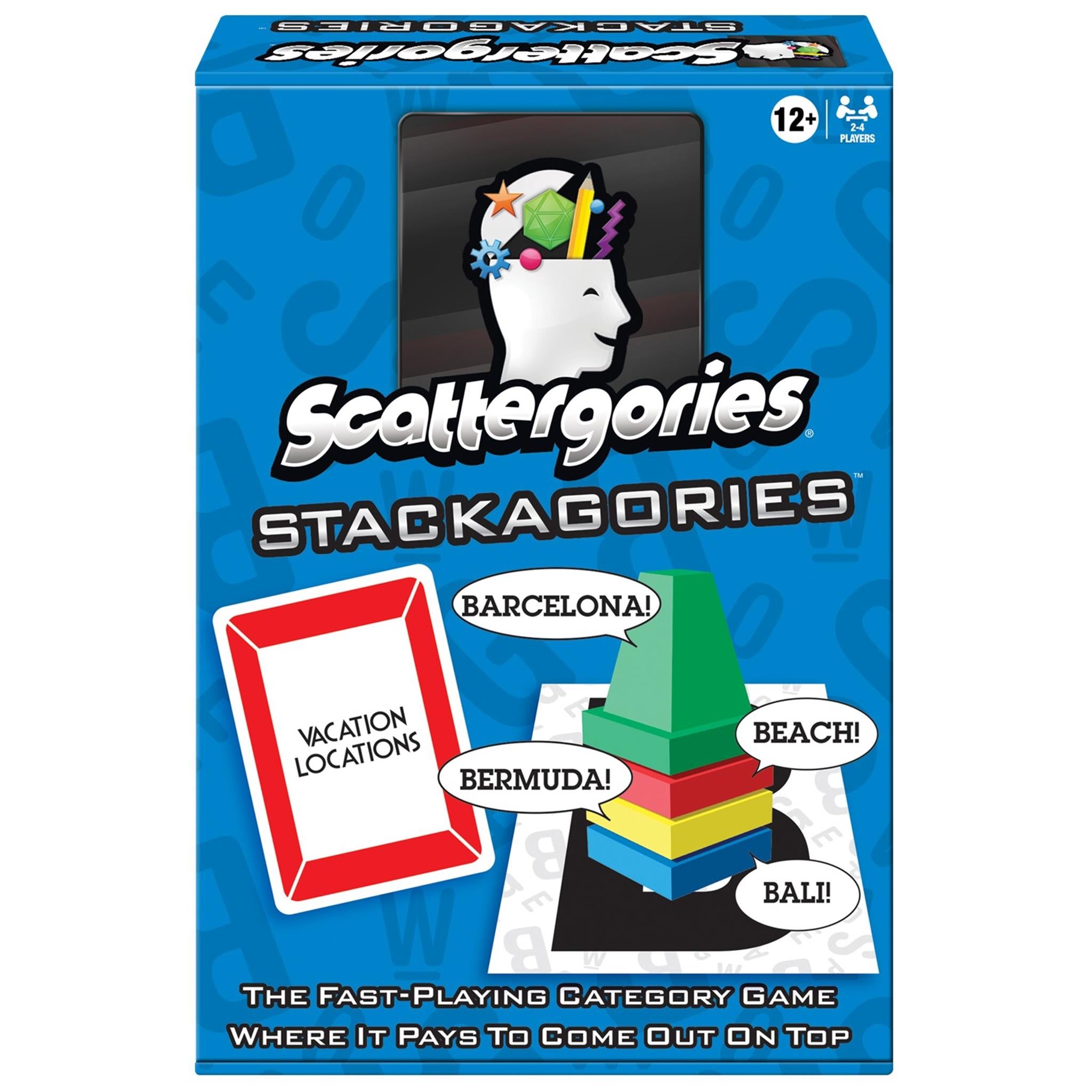 Box of the Scattergories Stackergories game featuring images of the game pieces and categories like 'Barcelona', 'Bermuda', and 'Beach'.