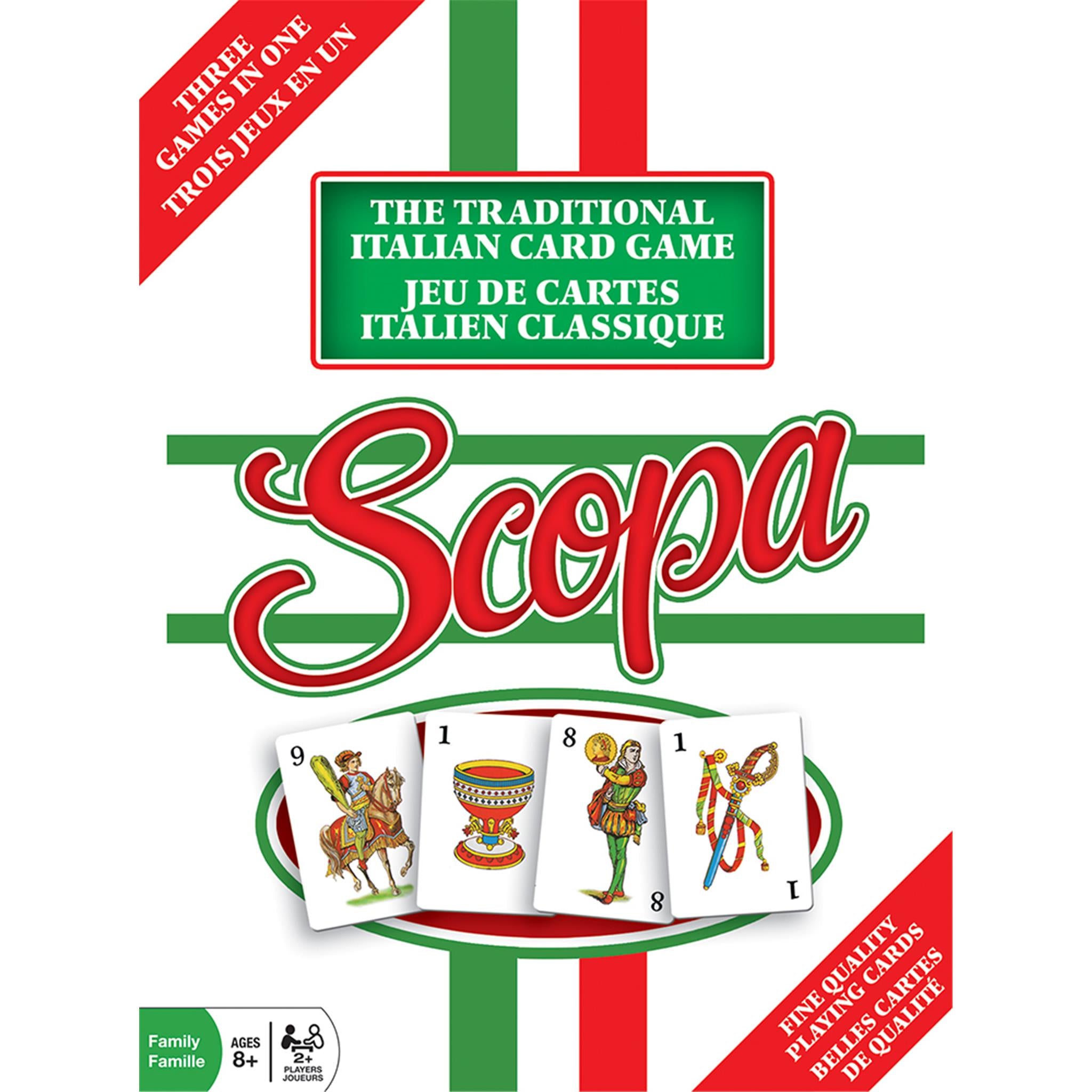 The product image shows the packaging of 'Scopa', a traditional Italian card game. The cover features the game's name in both English and French, along with illustrations of playing cards and a score pad.