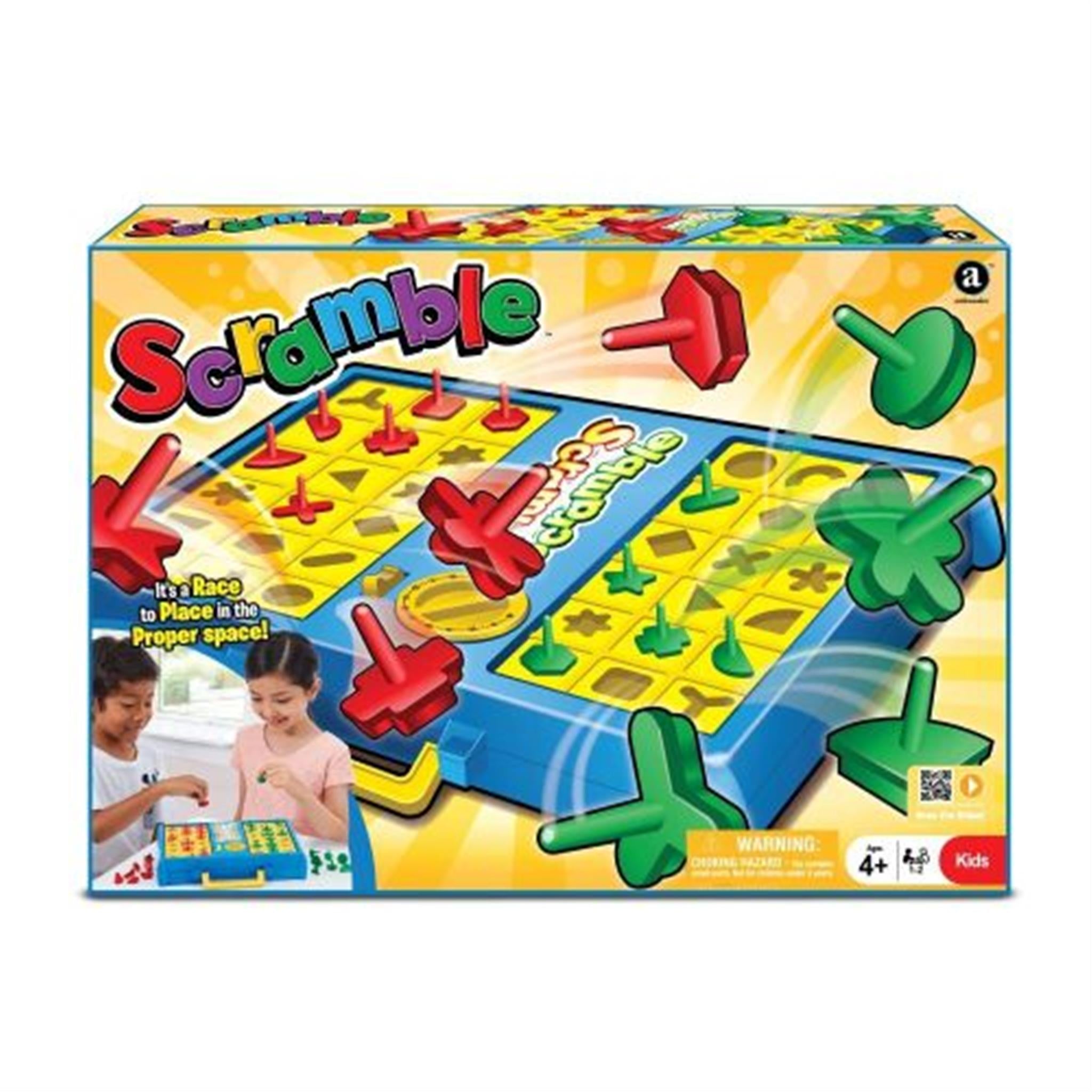 Boxed 'Scramble' board game featuring multicolored geometric pieces on a blue and yellow board with two players shown on the cover.