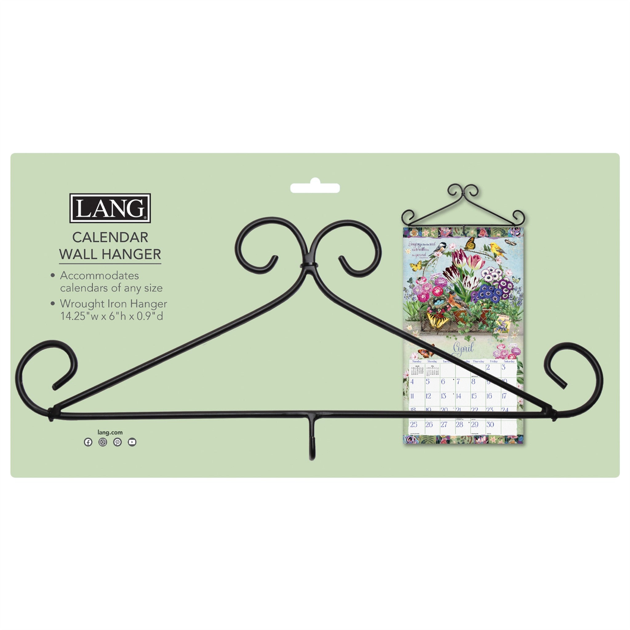 A black wrought iron calendar hanger with a decorative scroll design.