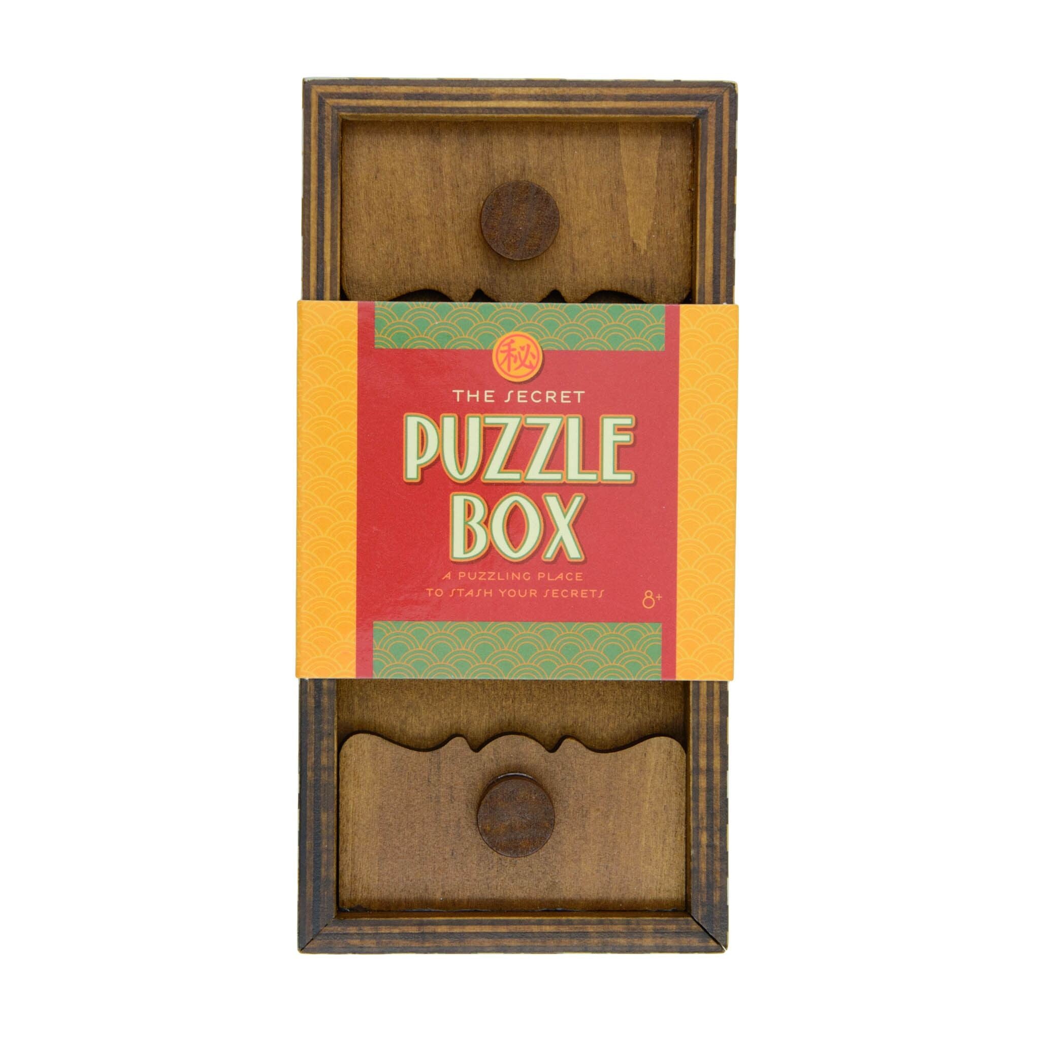 The product image shows a wooden puzzle box with a label that reads 'The Secret Puzzle Box' and 'Four Seasons Series'. The box appears to have two compartments with knobs on the front.