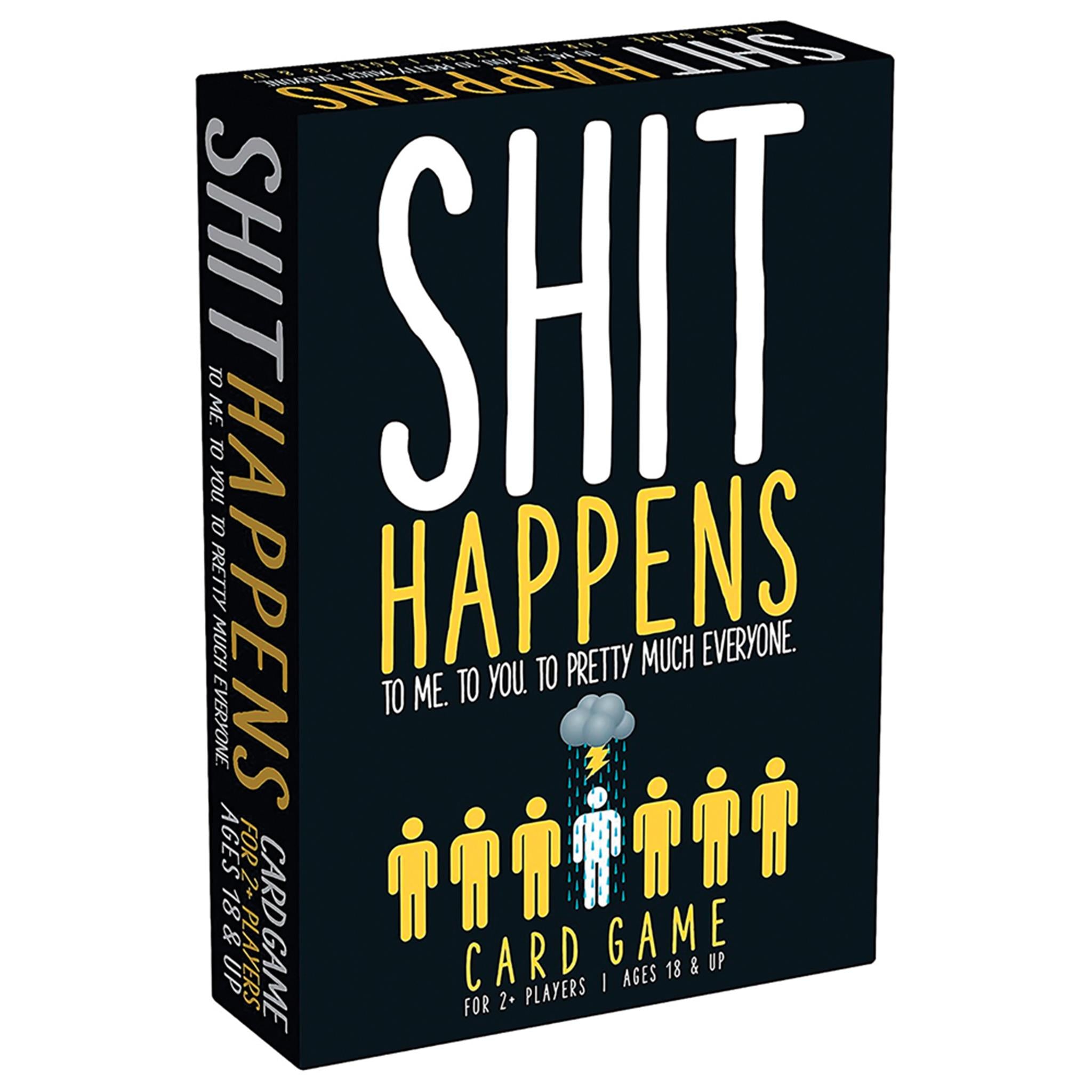 This image displays the packaging of the card game "Shit Happens." The back of the box provides a detailed description and instructions for playing the game.