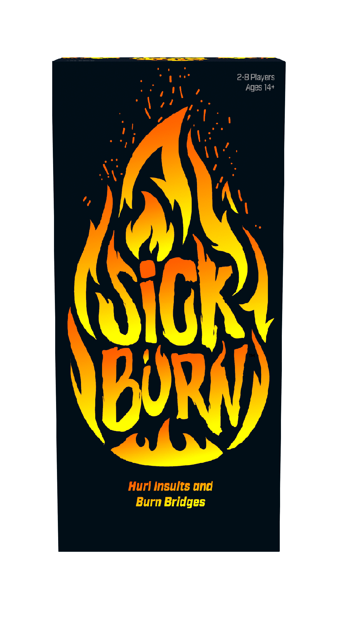 The image displays the packaging of the board game 'Sick Burn', featuring a bold and striking design with a large, fiery flame graphic that consumes the central portion of the box. The game's title appears prominently at the top in a large, white, distressed font that contrasts sharply with the black background.