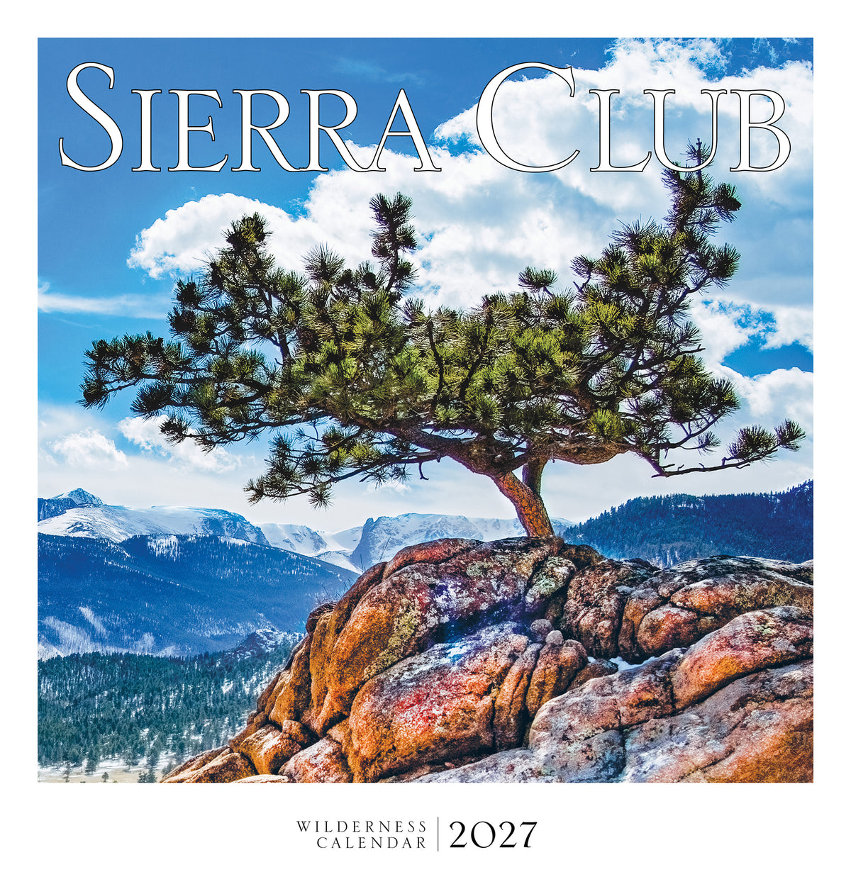 Sierra Club 2027 calendar with a tree on a rock and mountains in the background