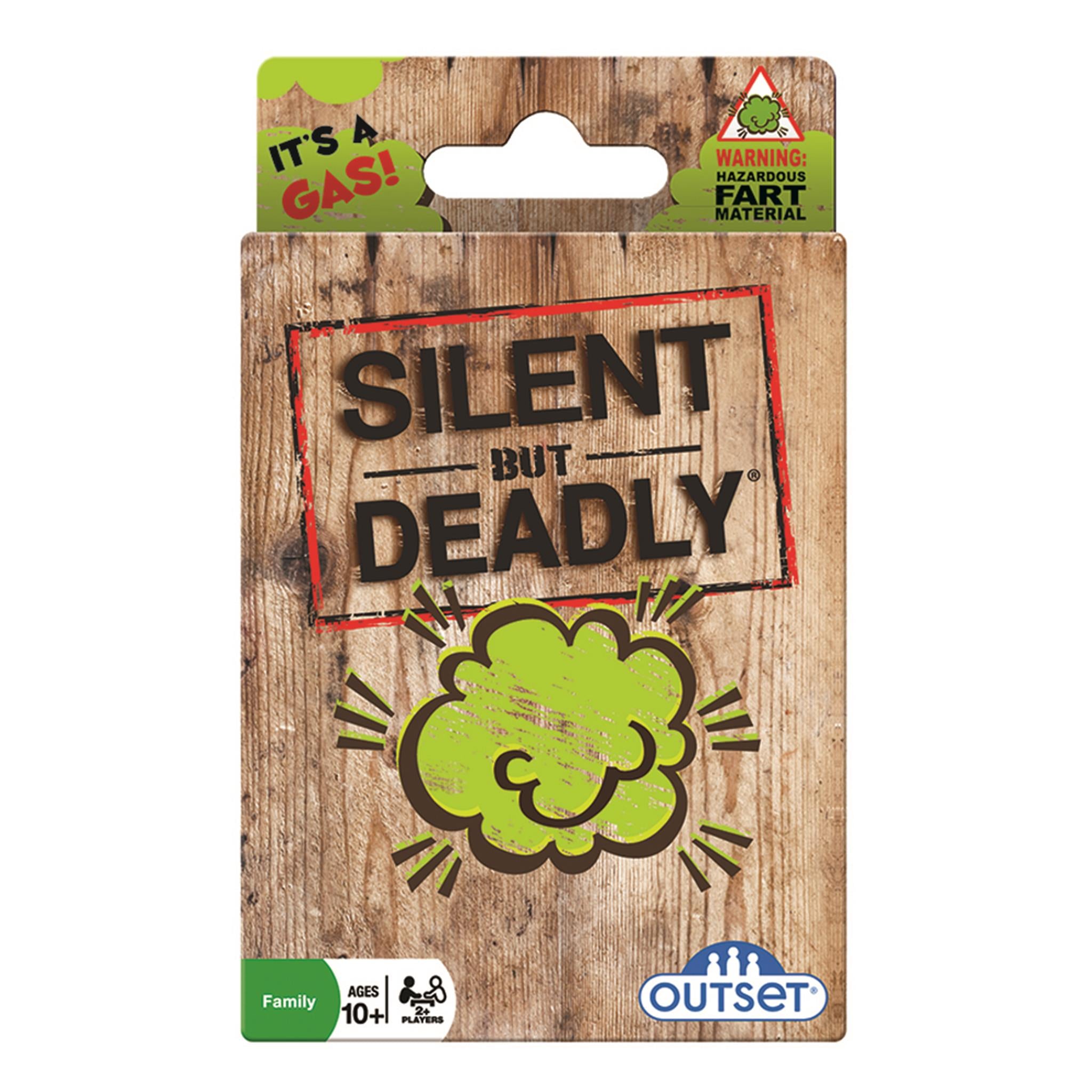 Packaging for 'Silent But Deadly' card game featuring a cartoon cloud with a 'gas' sign, and humorous text.