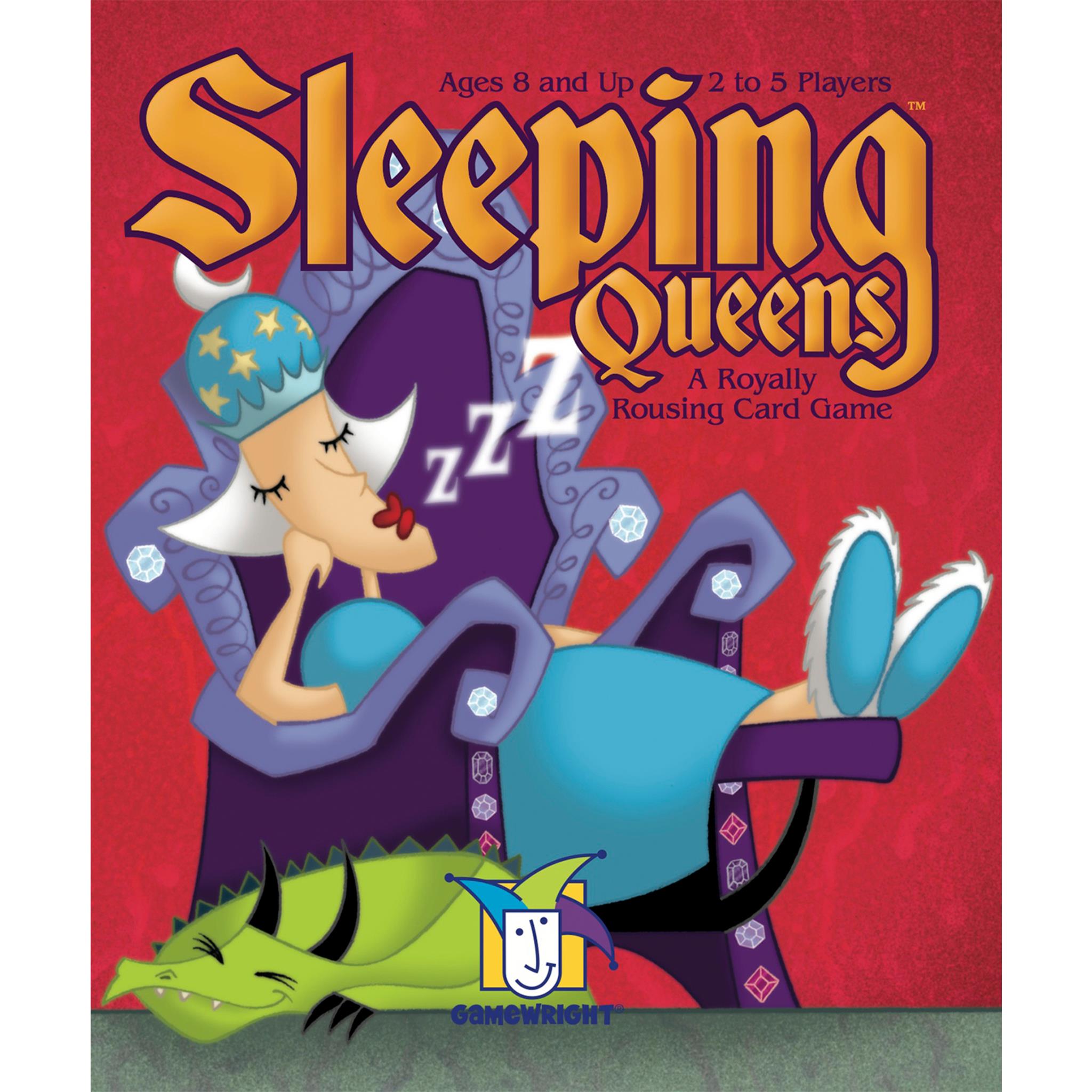 The image shows the cover of the card game 'Sleeping Queens', featuring an illustration of a queen character with a dragon and the title text.