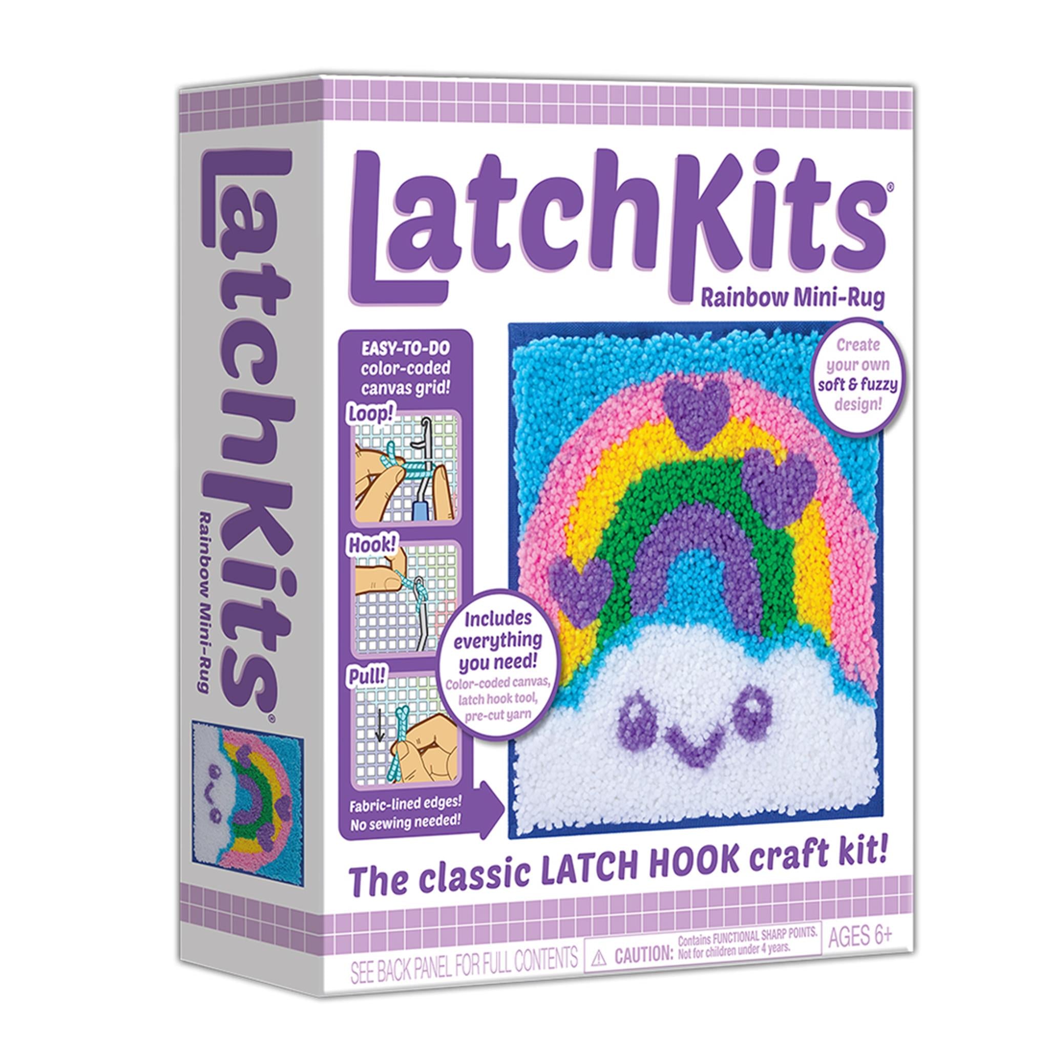 Packaging for Smiling Rainbow Latchkit craft kit, featuring the kit's contents and a colorful completed project visible through a clear window.