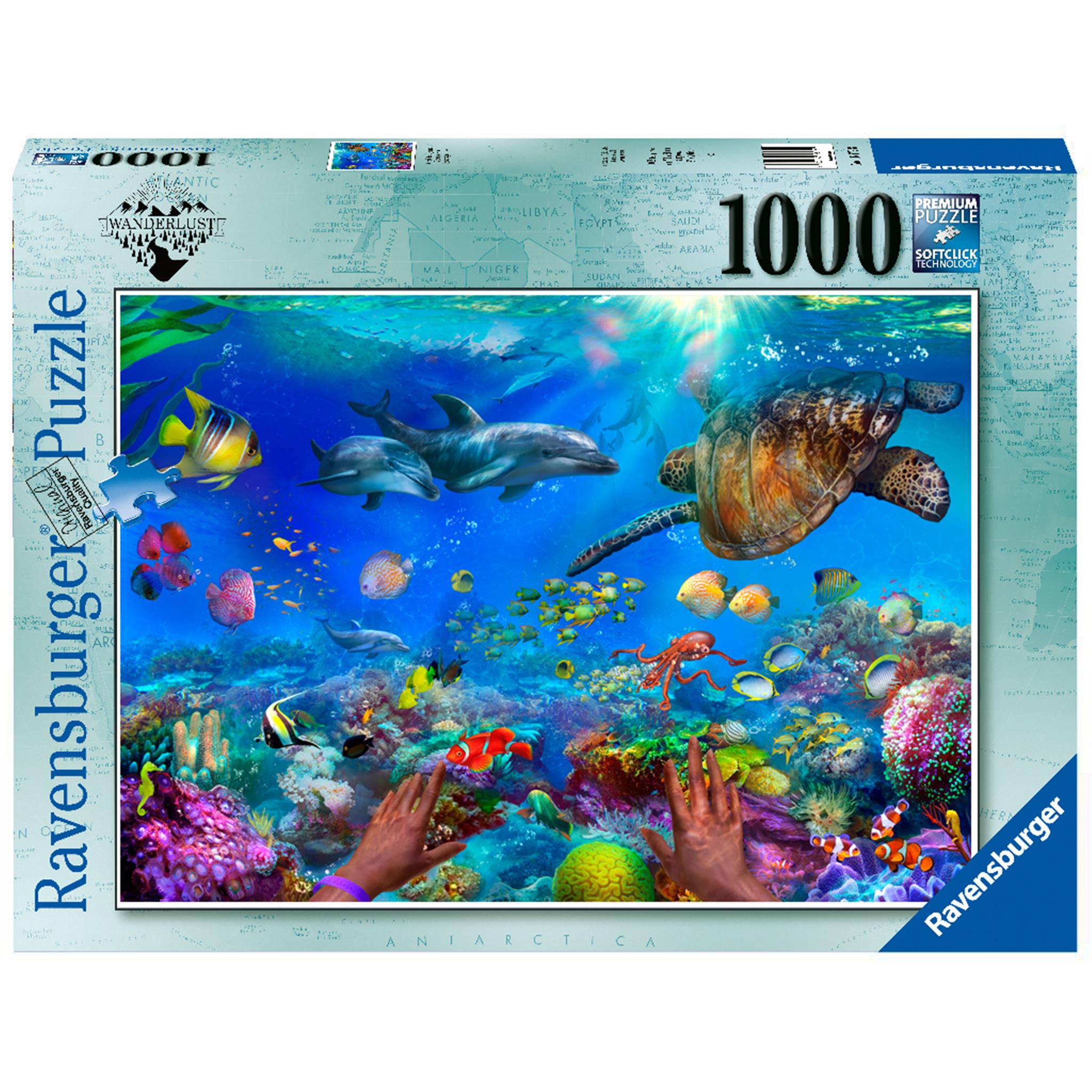 A 1000-piece Ravensburger jigsaw puzzle depicting an underwater scene with tropical fish, coral reef, and sea animals.