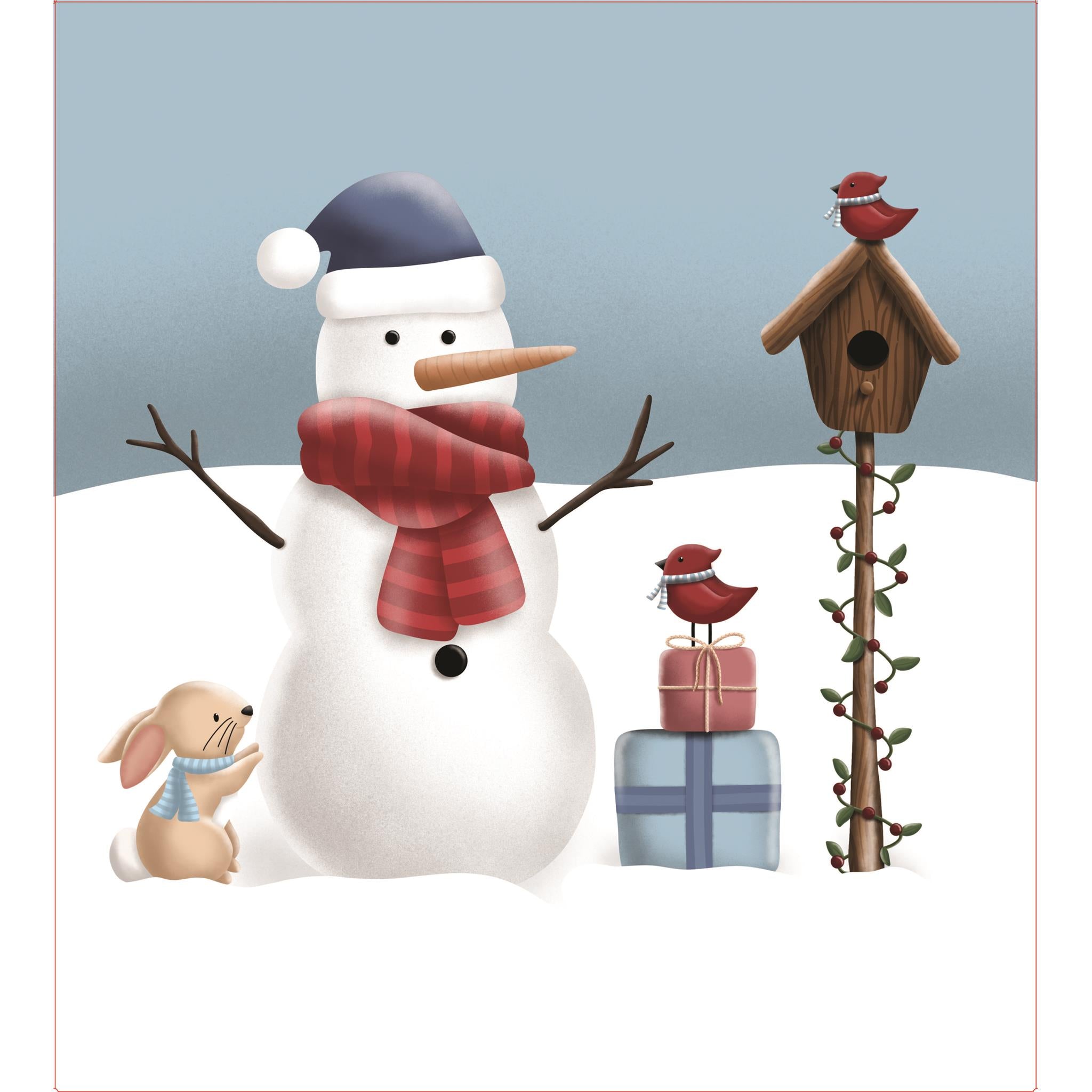 A flat calendar wrapper featuring a snowman with a red scarf and a hat, a small wooden birdhouse, a blue gift box, and a beige rabbit figurine on a snowy background.