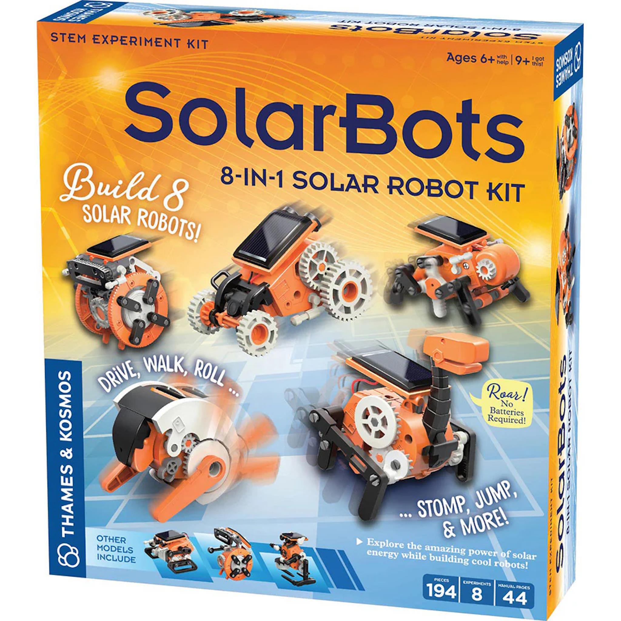 Packaging for the SolarBots 8-in-1 Solar Robot Kit by Thames and Kosmos, featuring images of various colorful solar-powered robots.
