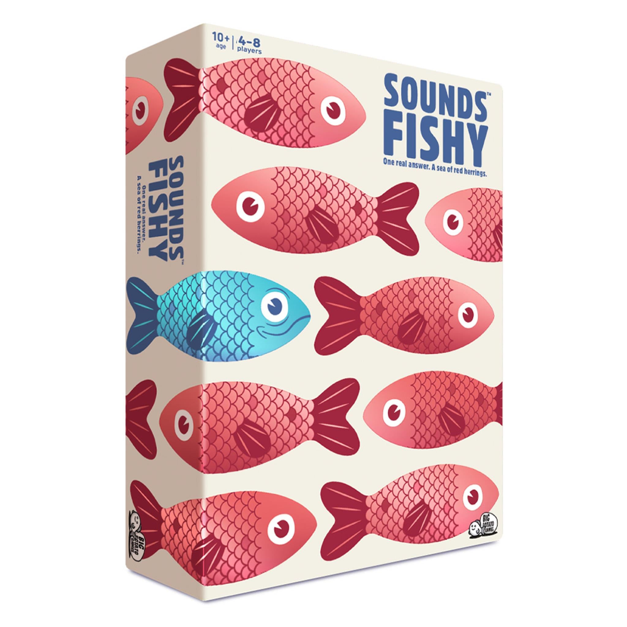 Board game box cover for ' Sounds Fishy', featuring a pattern of illustrated fish in various shades of pink, red, and blue on a beige background.