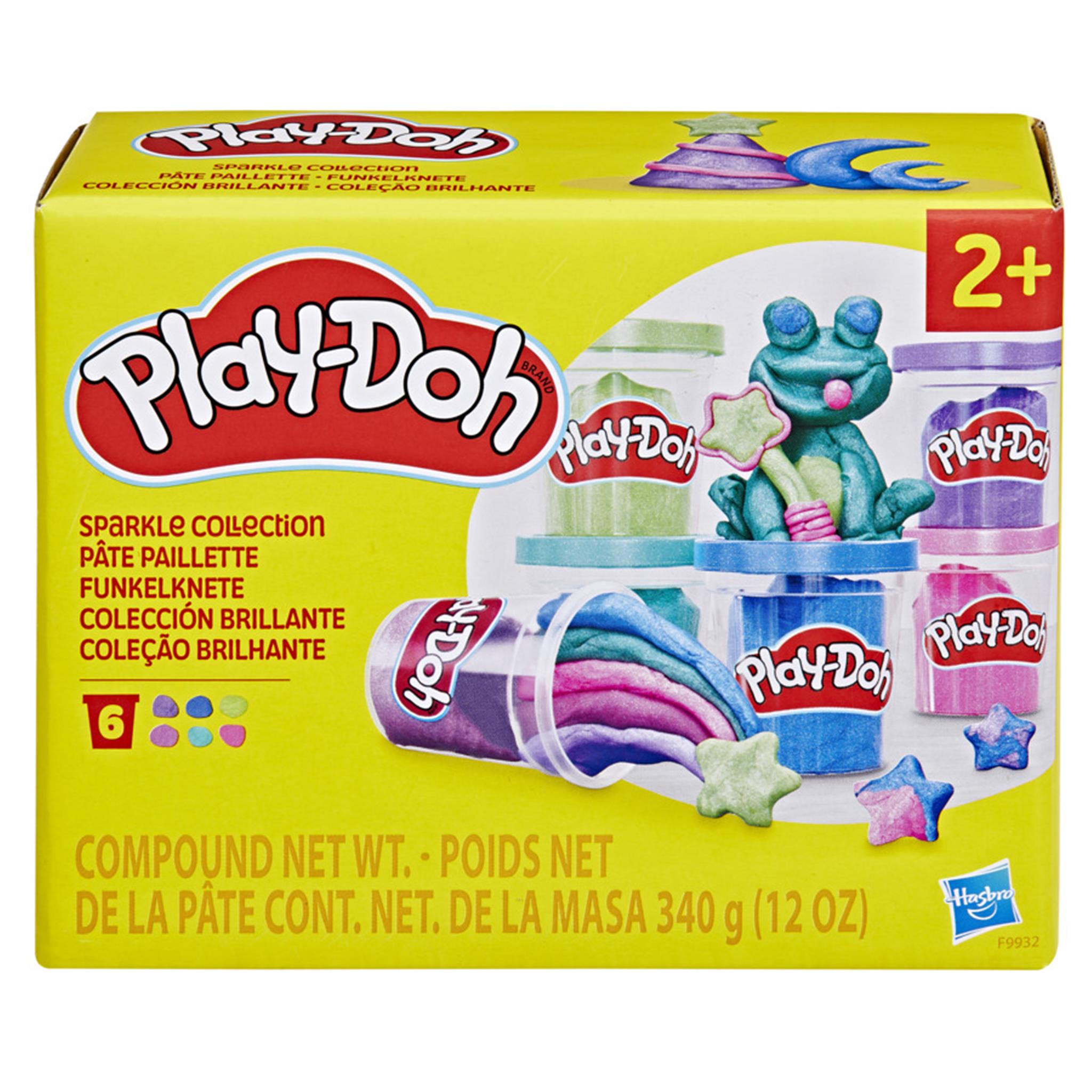 Packaging for Play-Doh Sparkle Collection with six cans of Play-Doh in various colors including pink, blue, purple, and green.