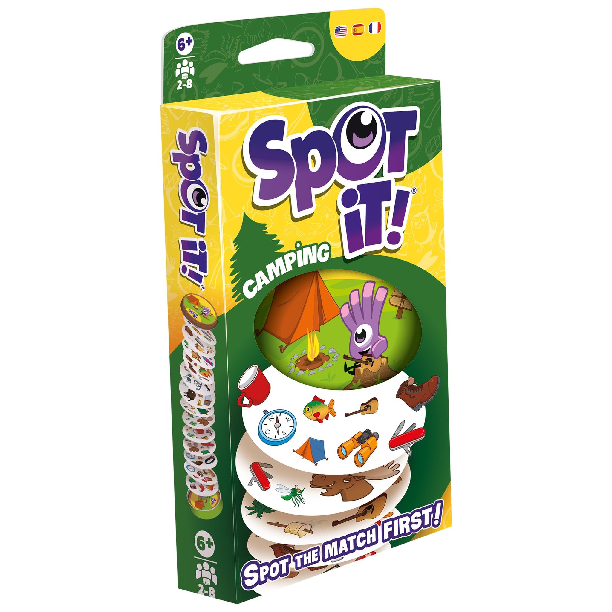 Packaging for 'Spot It! Camping' card game featuring illustrations of camping equipment and a bear.