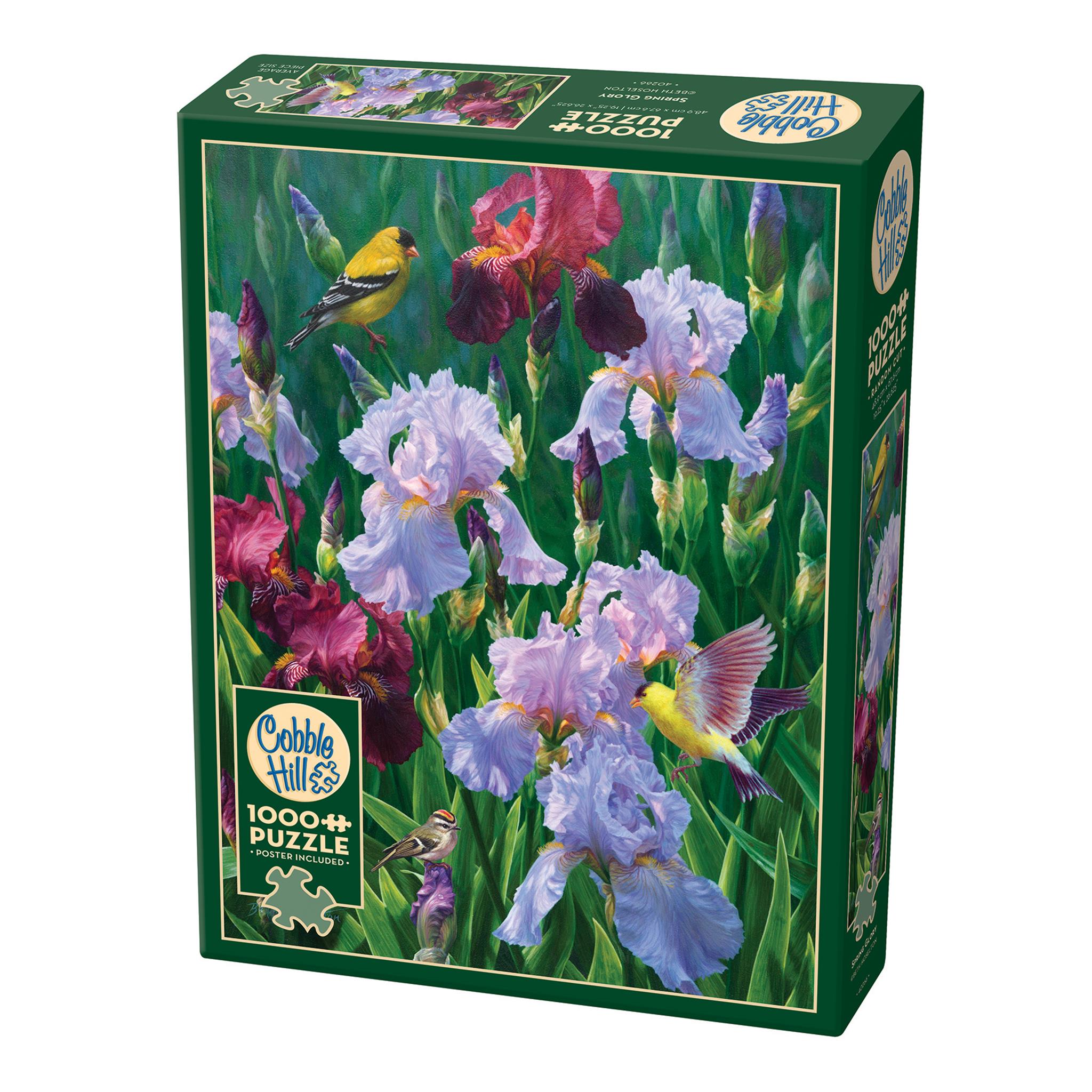 A 1000 piece Cobble Hill jigsaw puzzle box featuring an image of purple iris flowers and yellow birds.