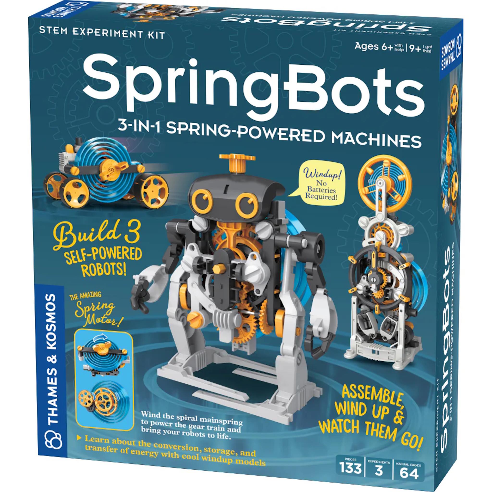 Box of the Springbots 3-in-1 Spring-Powered Machines kit showing a image of a robot, a race car, and a timer, indicating it is a STEM experiment kit for ages 6 and up with 135 pieces.