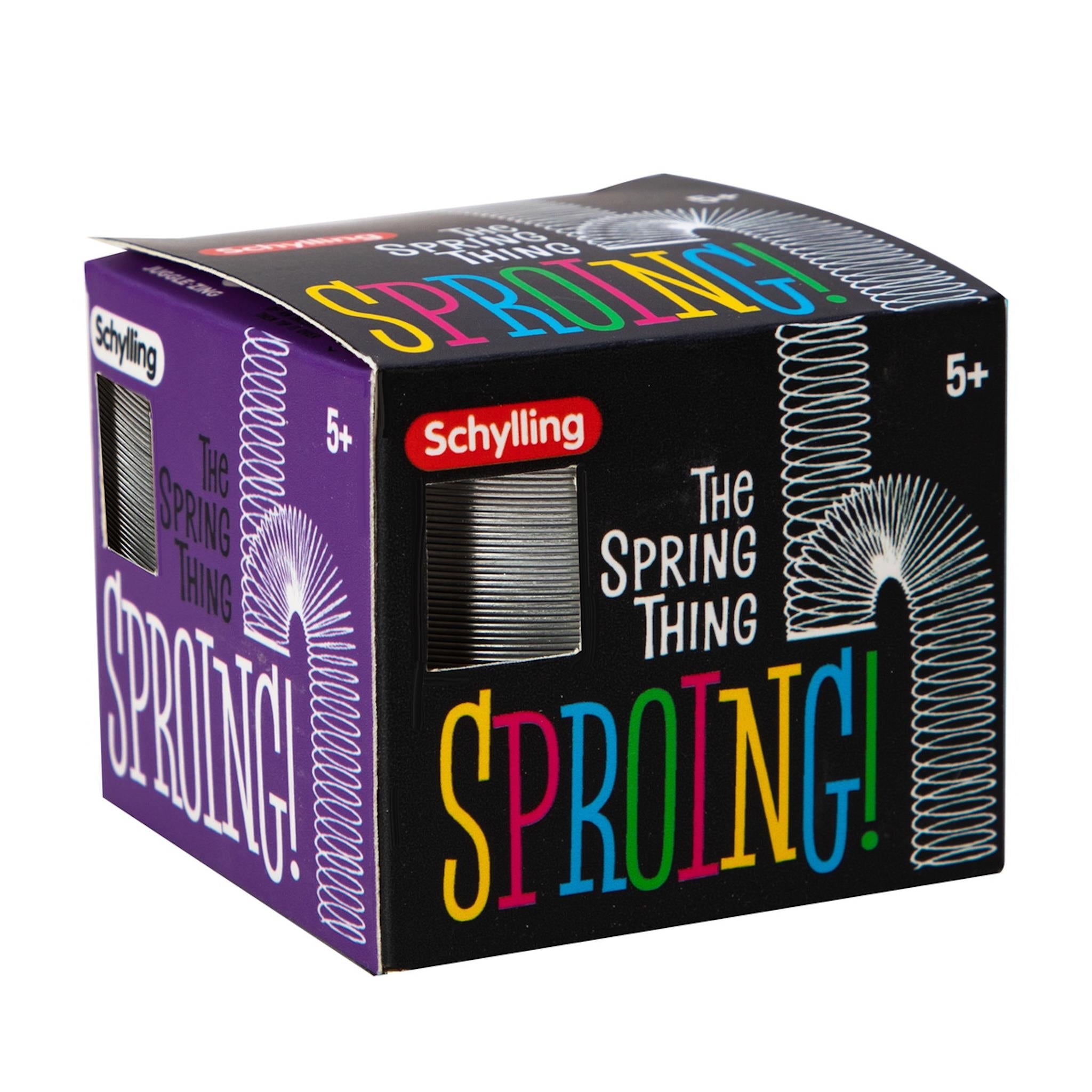The product image shows the packaging of 'The Spring Thing SPROING!' by Schylling, indicating it is a coiled spring toy. The packaging is black with colorful text and graphics, including images of the toy in motion.