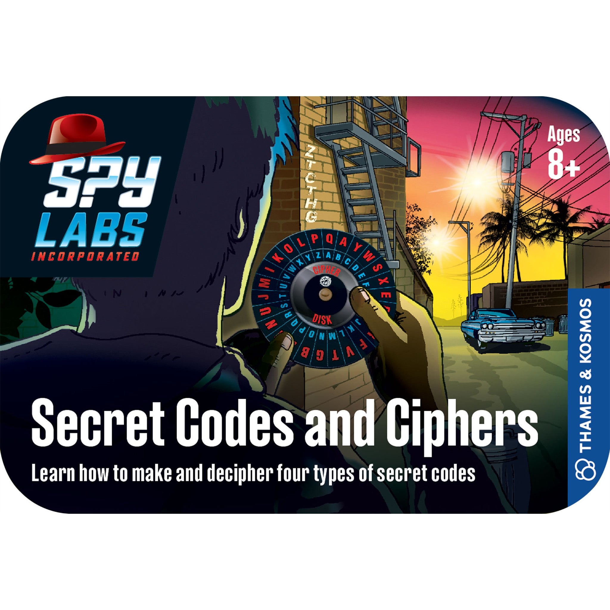 Packaging for 'Spy Labs Secret Codes and Ciphers' game, featuring a spy theme with code wheels and aspy lab equipment, designed for children aged 8 and up.