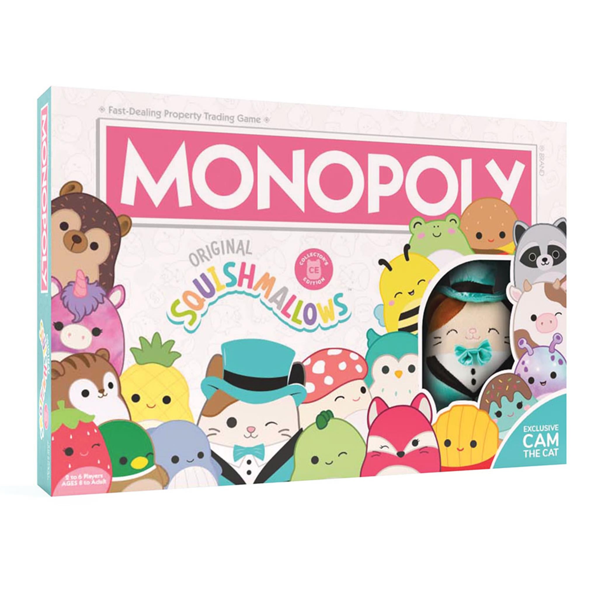 Board game box cover for Monopoly: Original Squishmallows Collector's Edition featuring plush toy characters such as a blue cat, white and red dog, and other fantasy characters.