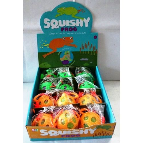 A display box containing multiple packaged squishy frog fidget toys in assorted colors.