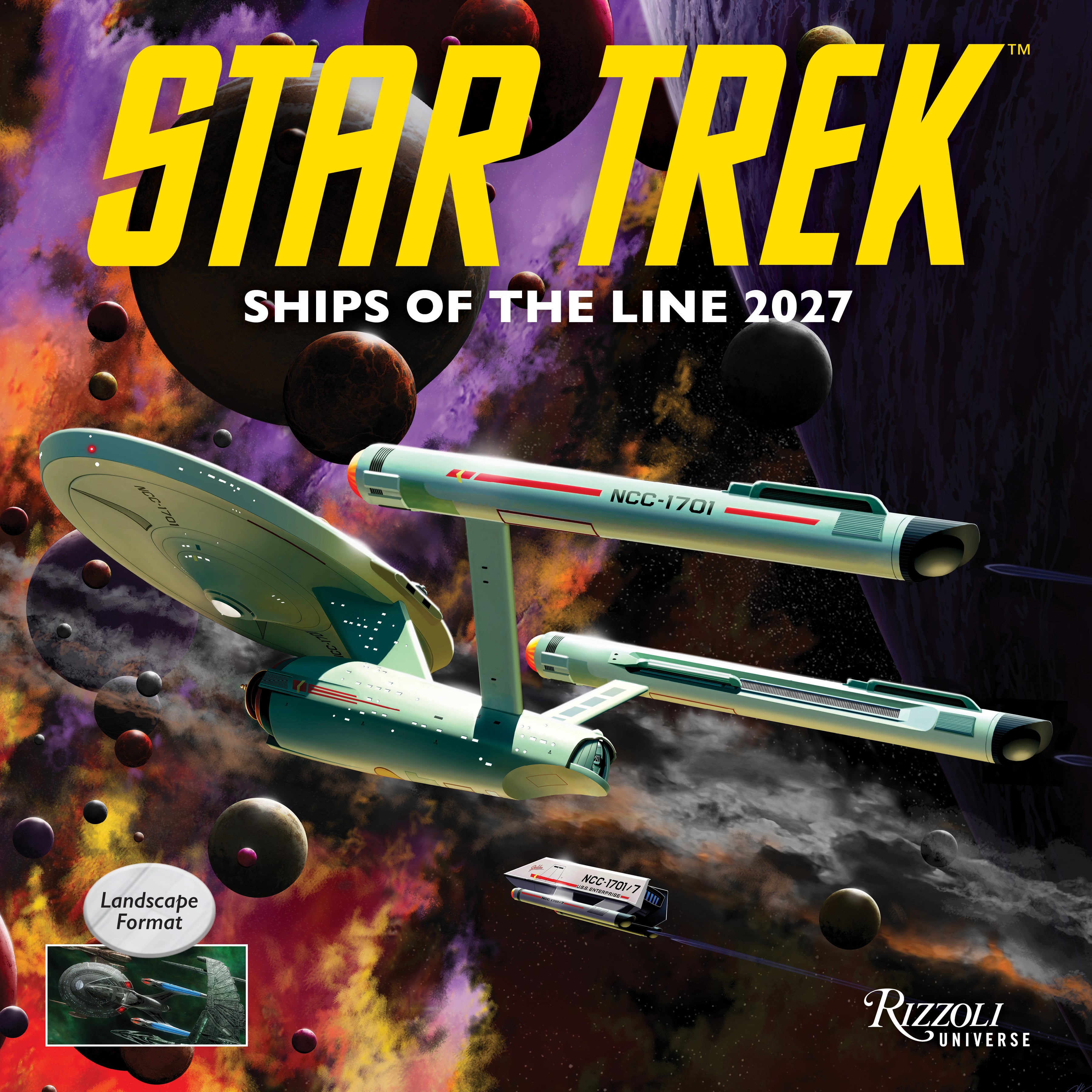 Star Trek Ships of the Line 2027 landscape format box set cover by Rizzoli Universe, featuring a colorful space scene with Starship Enterprise, planets, and the title in large yellow letters.