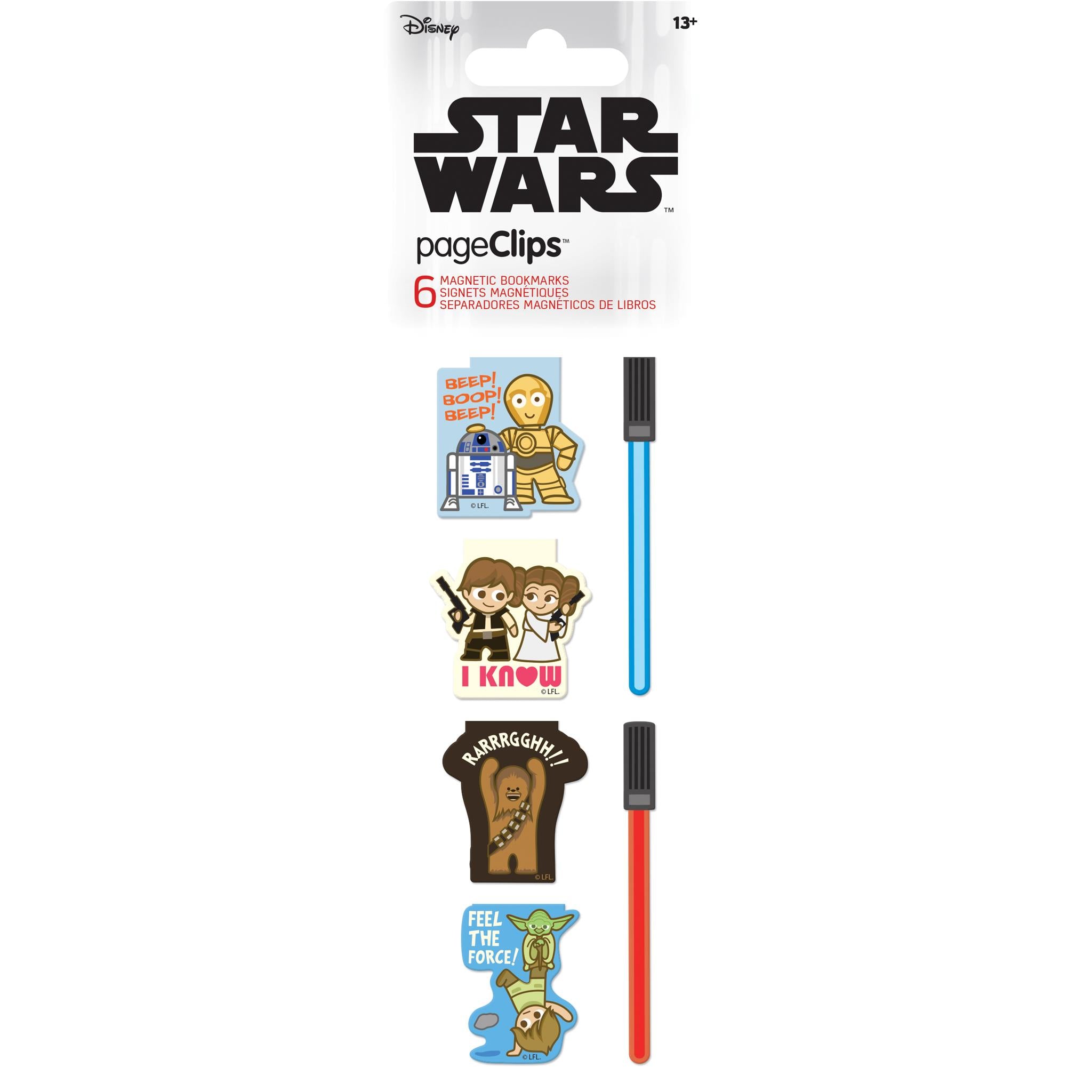 Packaging for Star Wars themed magnetic page clips featuring various characters from the franchise.