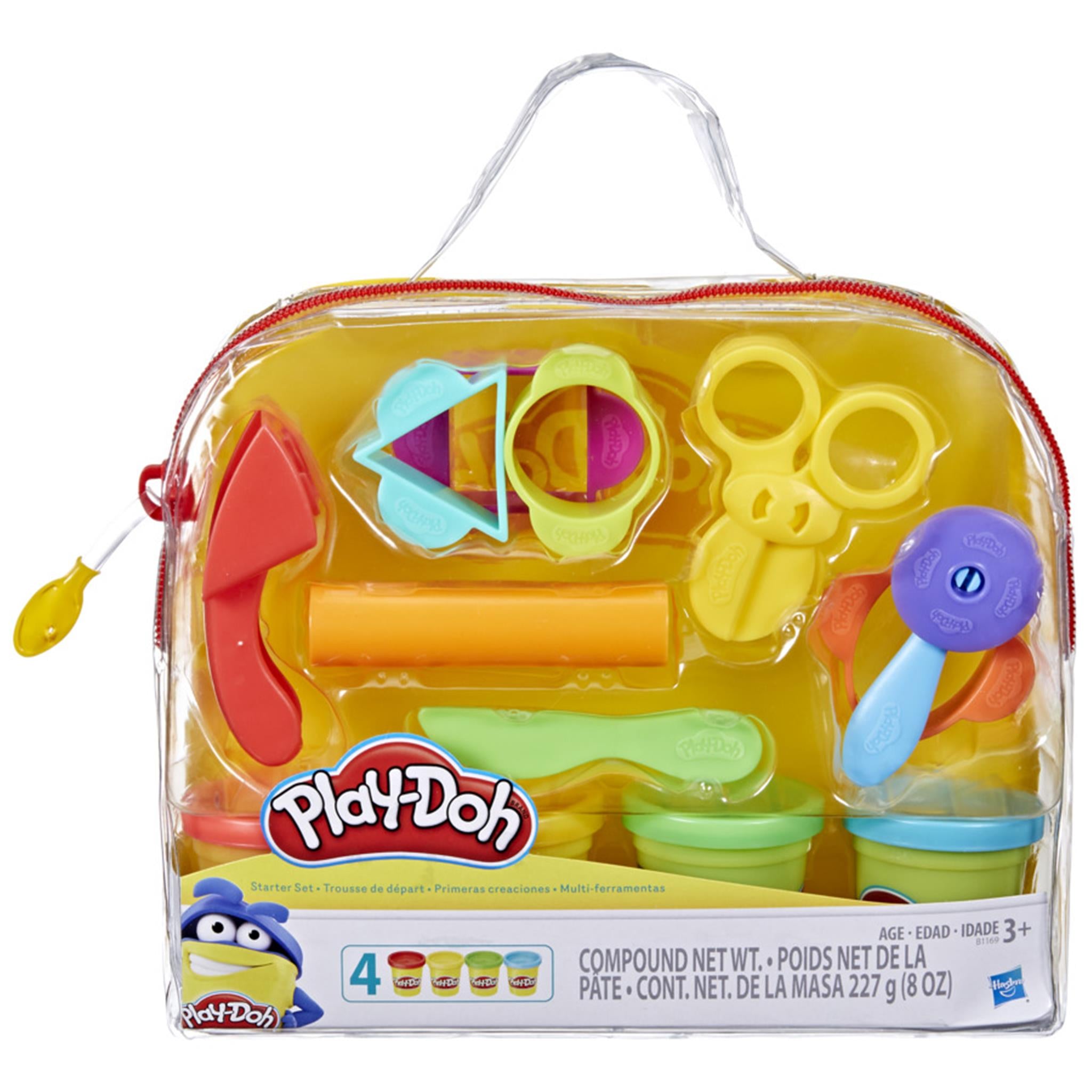 A Play-Doh starter set in a transparent plastic storage container with various colorful tools and containers for Play-Doh modeling compound.