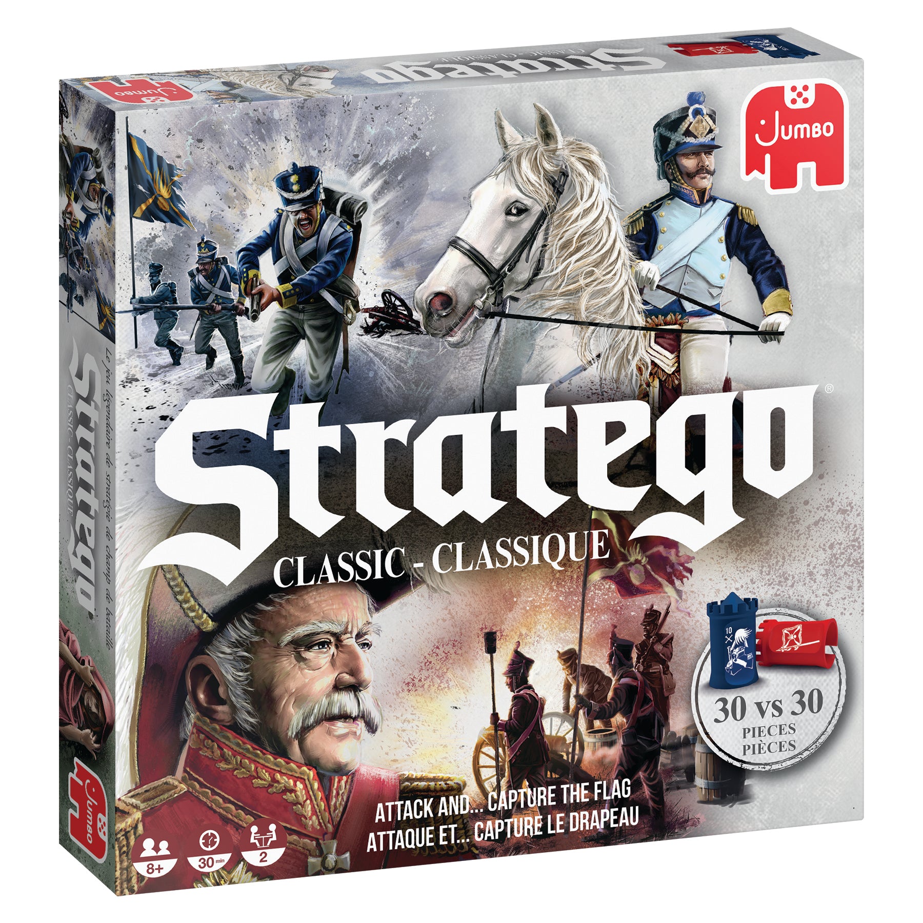 Box cover for Stratego Classic board game featuring artwork of two military figures, a horse, and a flag.
