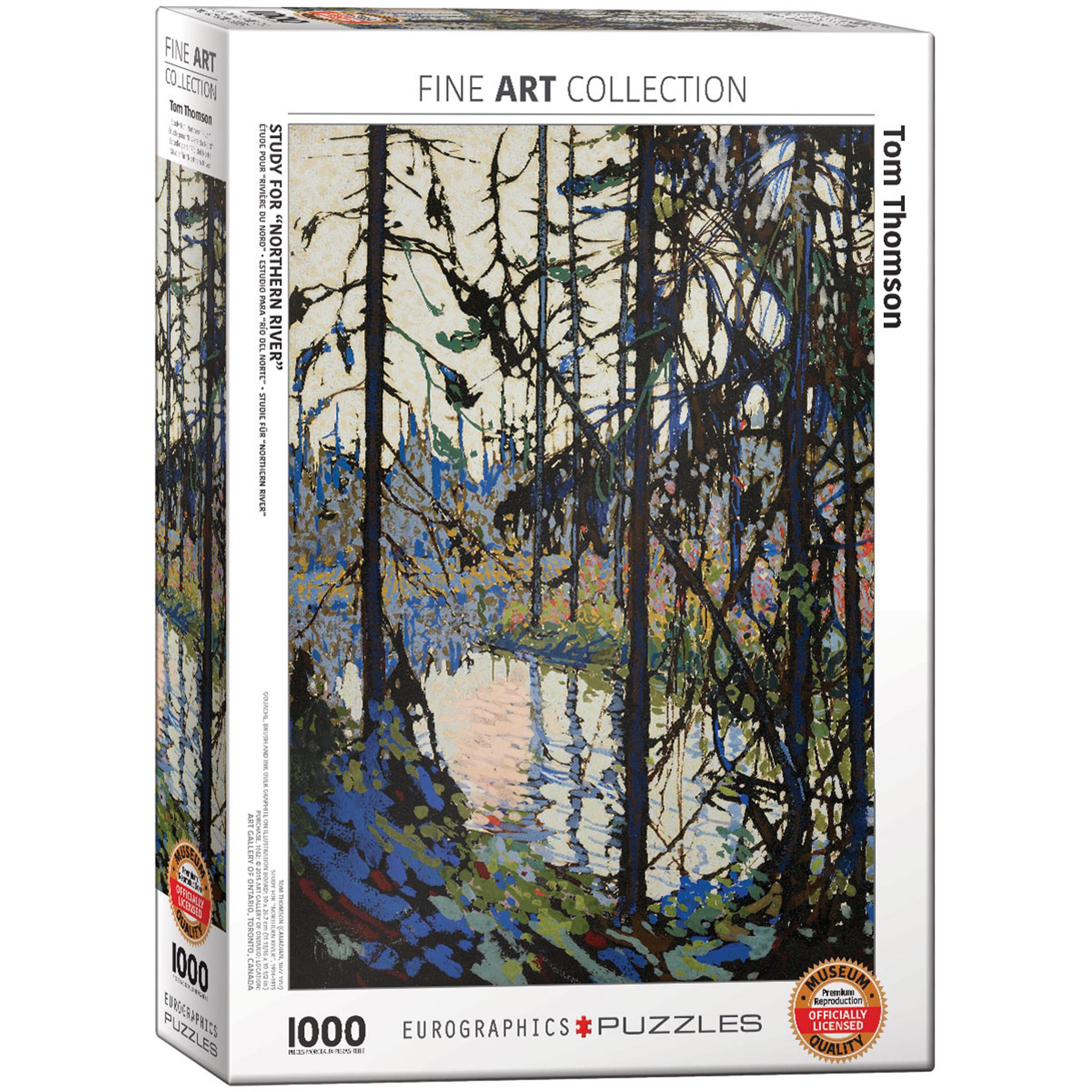 A 1000 piece jigsaw puzzle box featuring a painting with a northern river and forest scene.