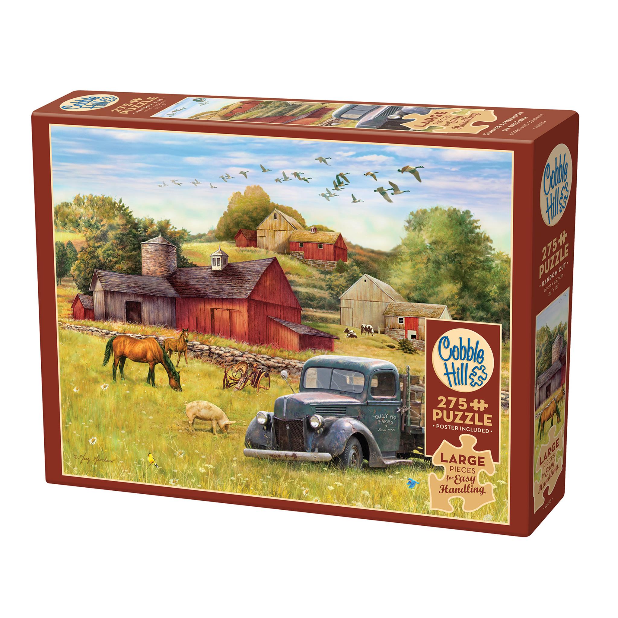 A puzzle box featuring an illustration of a vintage car, horses, and a barn in a rural setting, indicating a 'Summer Afternoon on the Farm' theme.