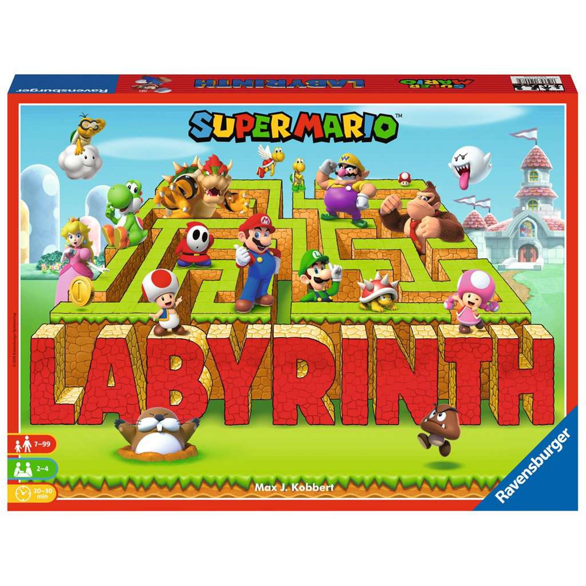 Super Mario Labyrinth board game packaging featuring characters from the Super Mario series on a colorful board maze.
