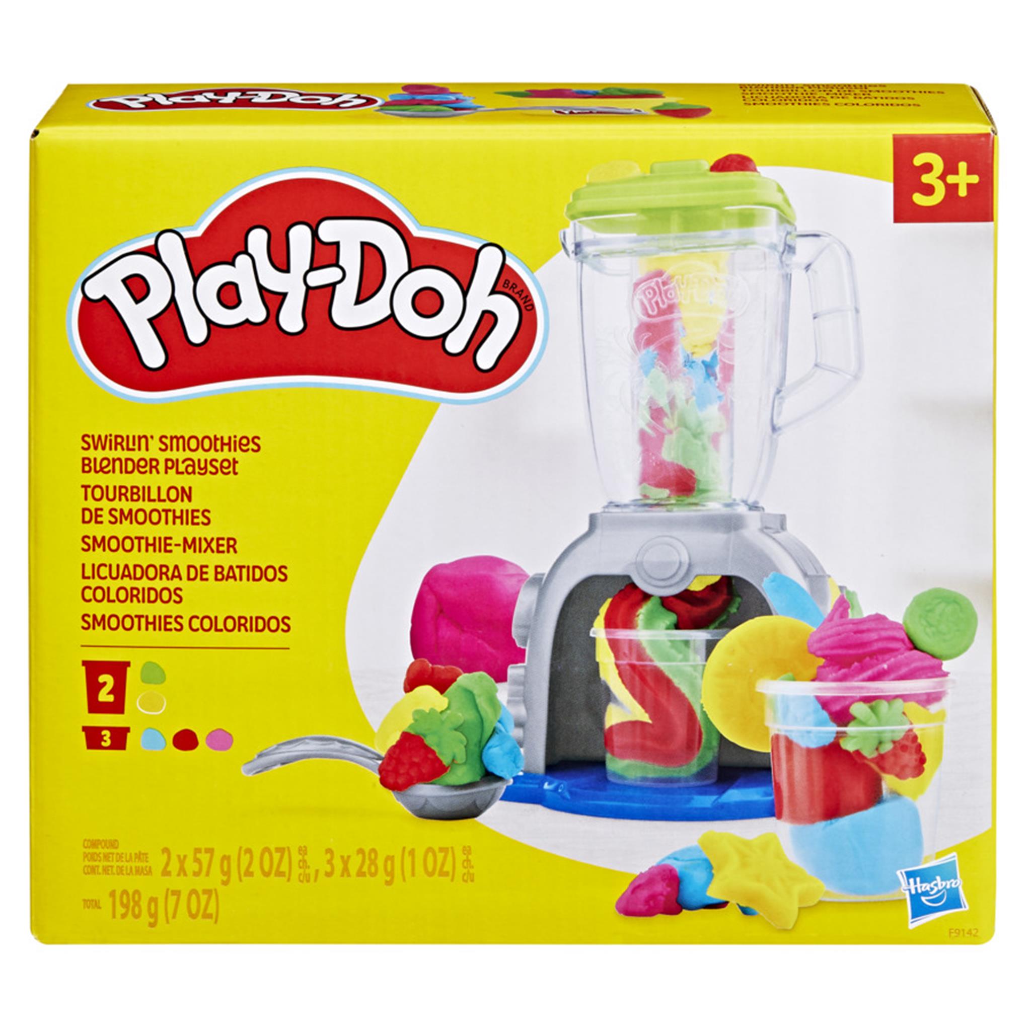 Packaging for the Play-Doh Swirling Smoothie Blender Playset, featuring the Play-Doh logo, images of Play-Doh compound in various colors, and a blender with Play-Doh inside.