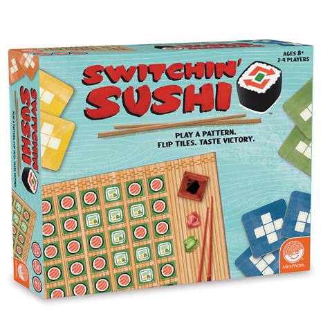 A board game box for 'Switchin' Sushi' featuring images of the game board, tiles, and text detailing the game's name and age appropriateness.