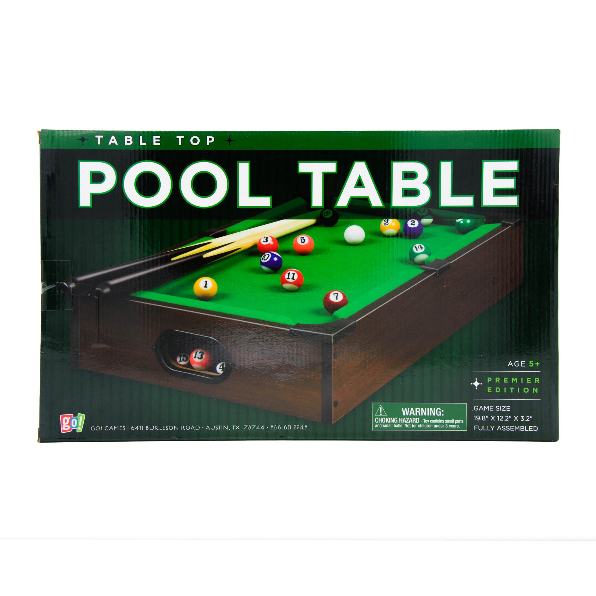 A tabletop pool table game with green felt, including cues and balls, packaged in a box.