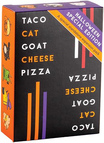 Board game box cover for 'Taco Cat Goat Cheese Pizza: Halloween Edition' featuring illustrations of a taco, cat, goat, and pizza with Halloween-themed decorations.