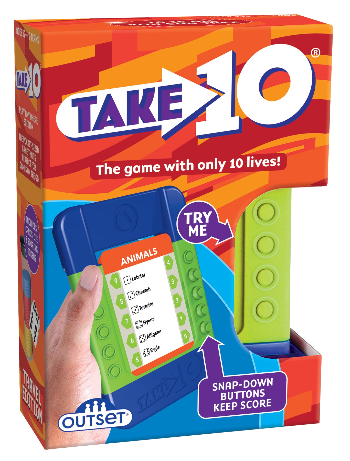 The product image shows the packaging for 'Take 10' travel edition, featuring the game's title, the age range, and the number of players. The package displays the game's objective and includes visual elements such as a game logo, a 'try me' button, and images of the game in use.