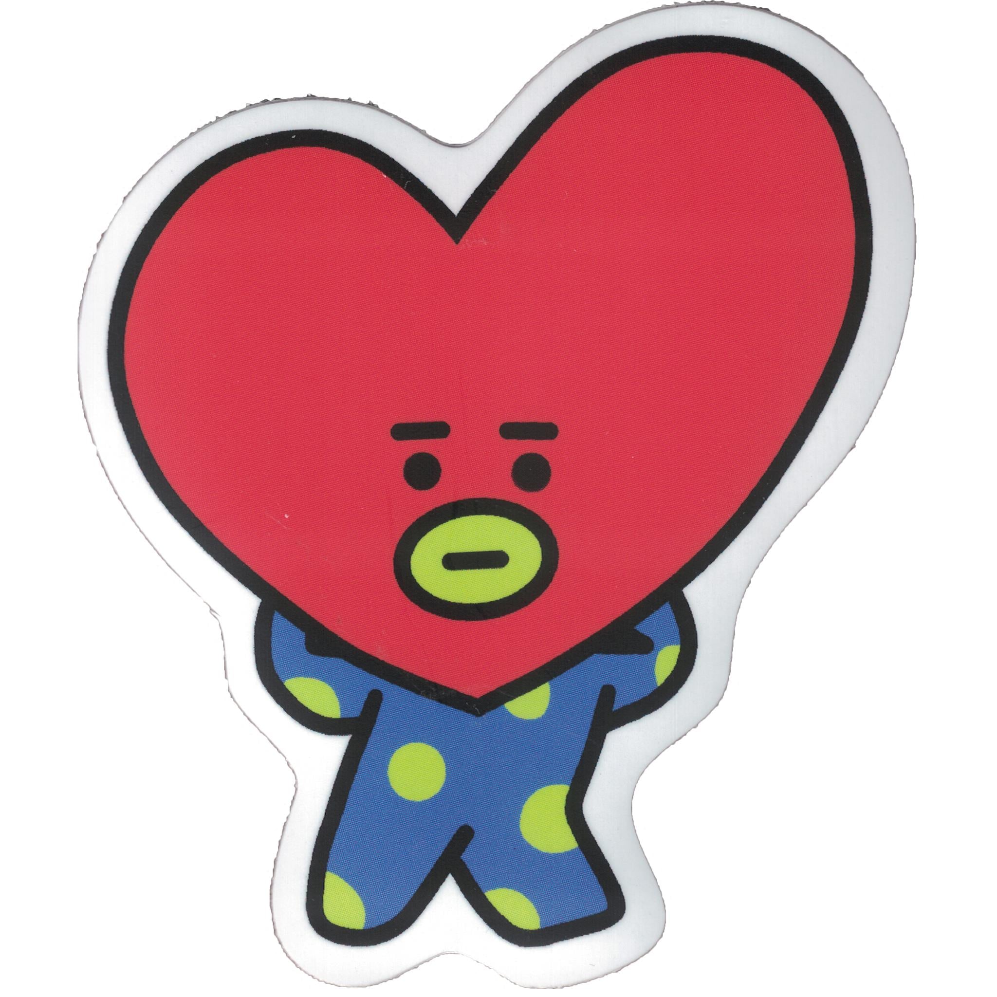 A vinyl sticker depicting a character with a red heart for a head, wearing a blue outfit with green polka dots.