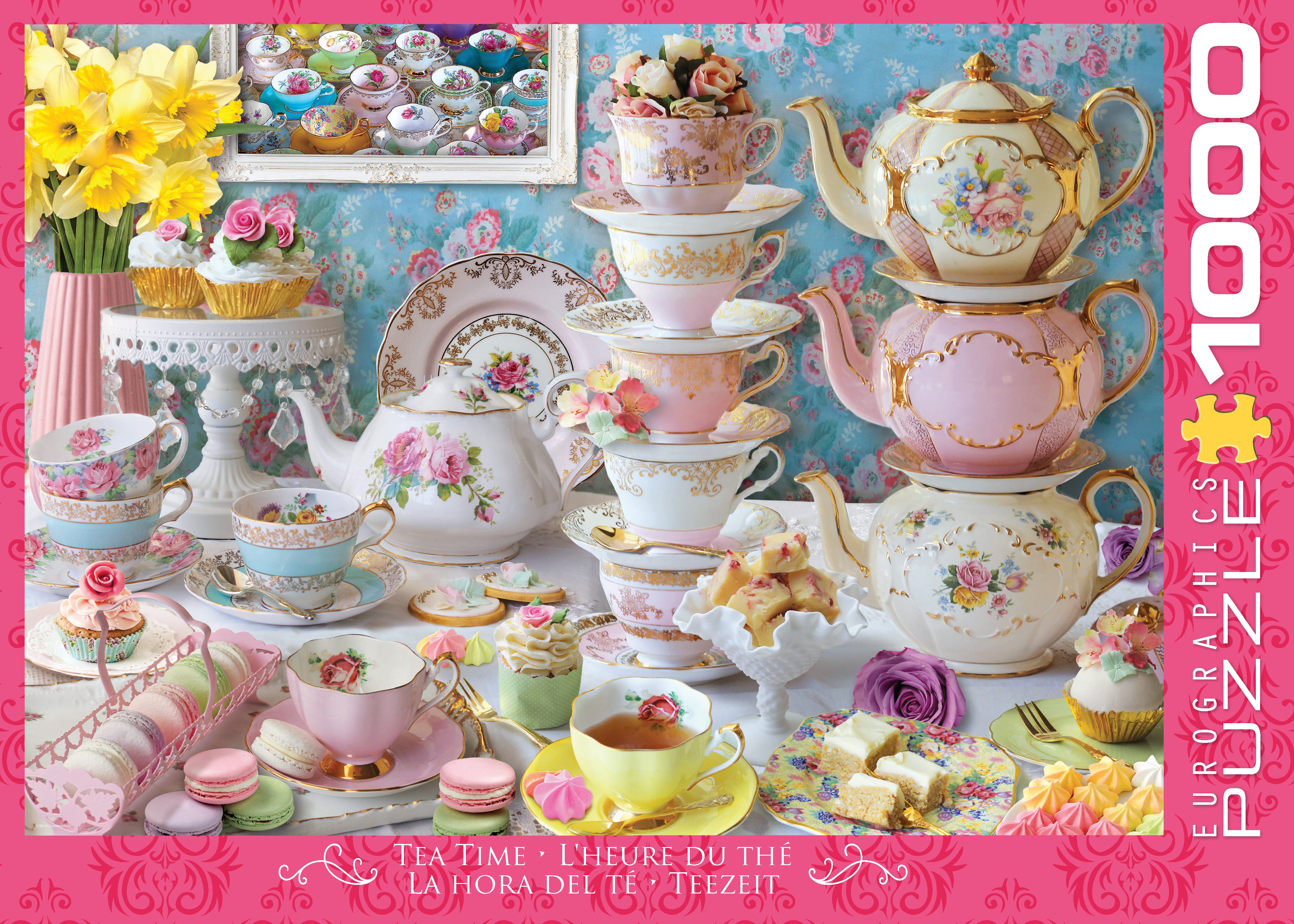 A 1000 piece jigsaw puzzle depicting a collection of teacups, teapots, and other tea-related utensils arranged elegantly with a floral pattern.