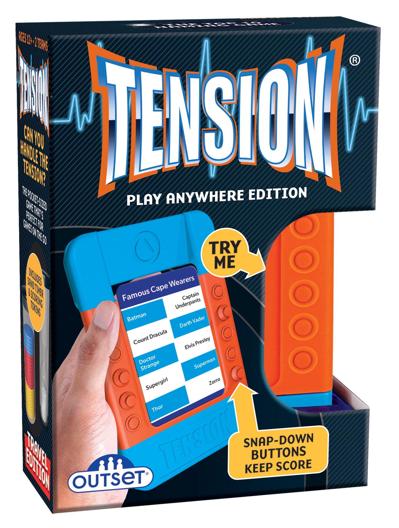 Boxed 'Tension Travel Edition' game featuring a hand holding a blue and orange timer device with a game board in the background.