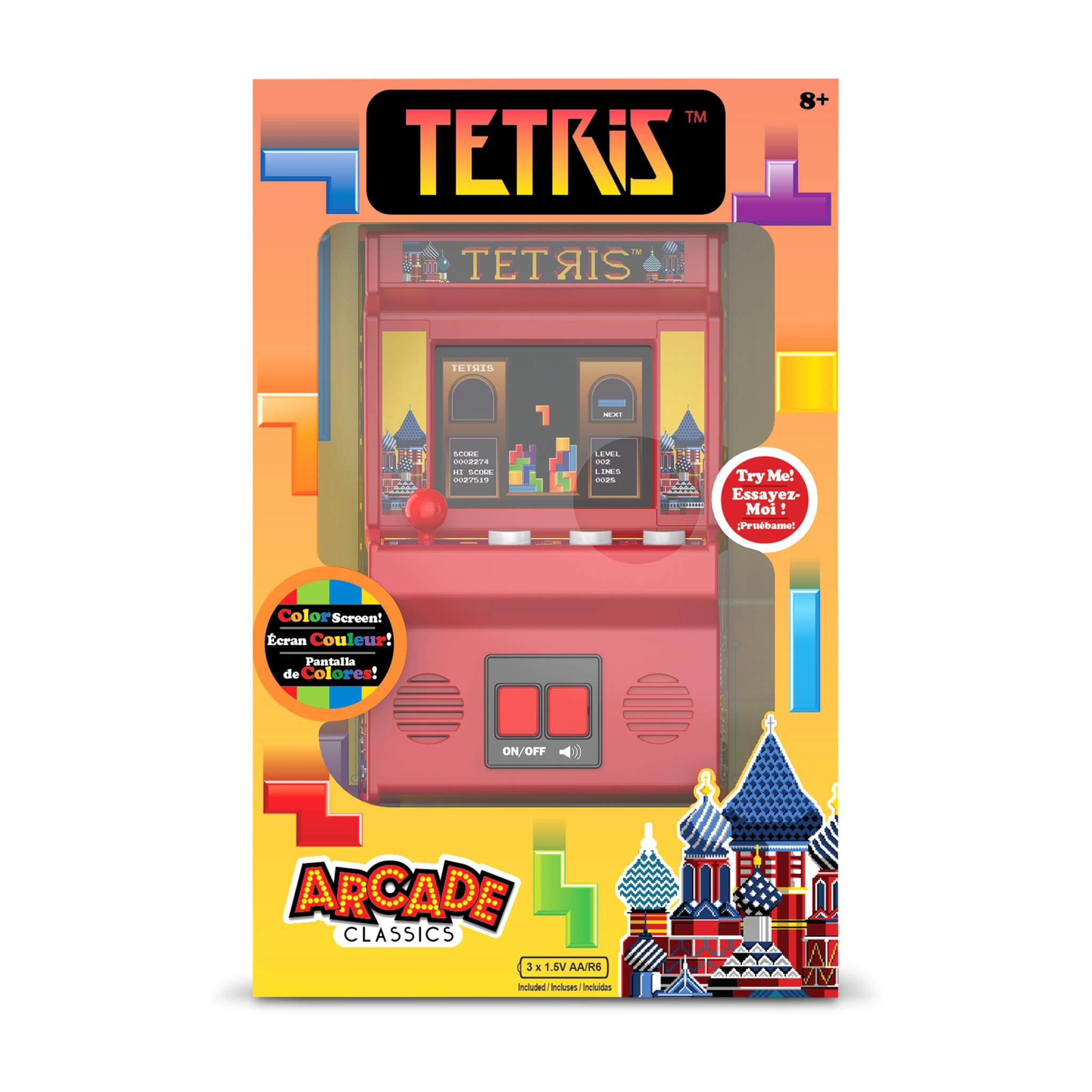 Tetris Hand Held game packaging with multi coloured geometric shapes and Tetris branding on the top