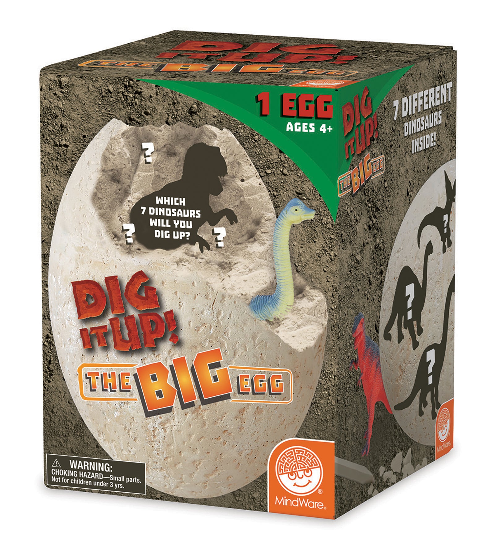 Packaging for 'Dig It Up: The Big Egg' game featuring an illustration of a dinosaur egg with a child's hand digging on it, set against a green and beige background.