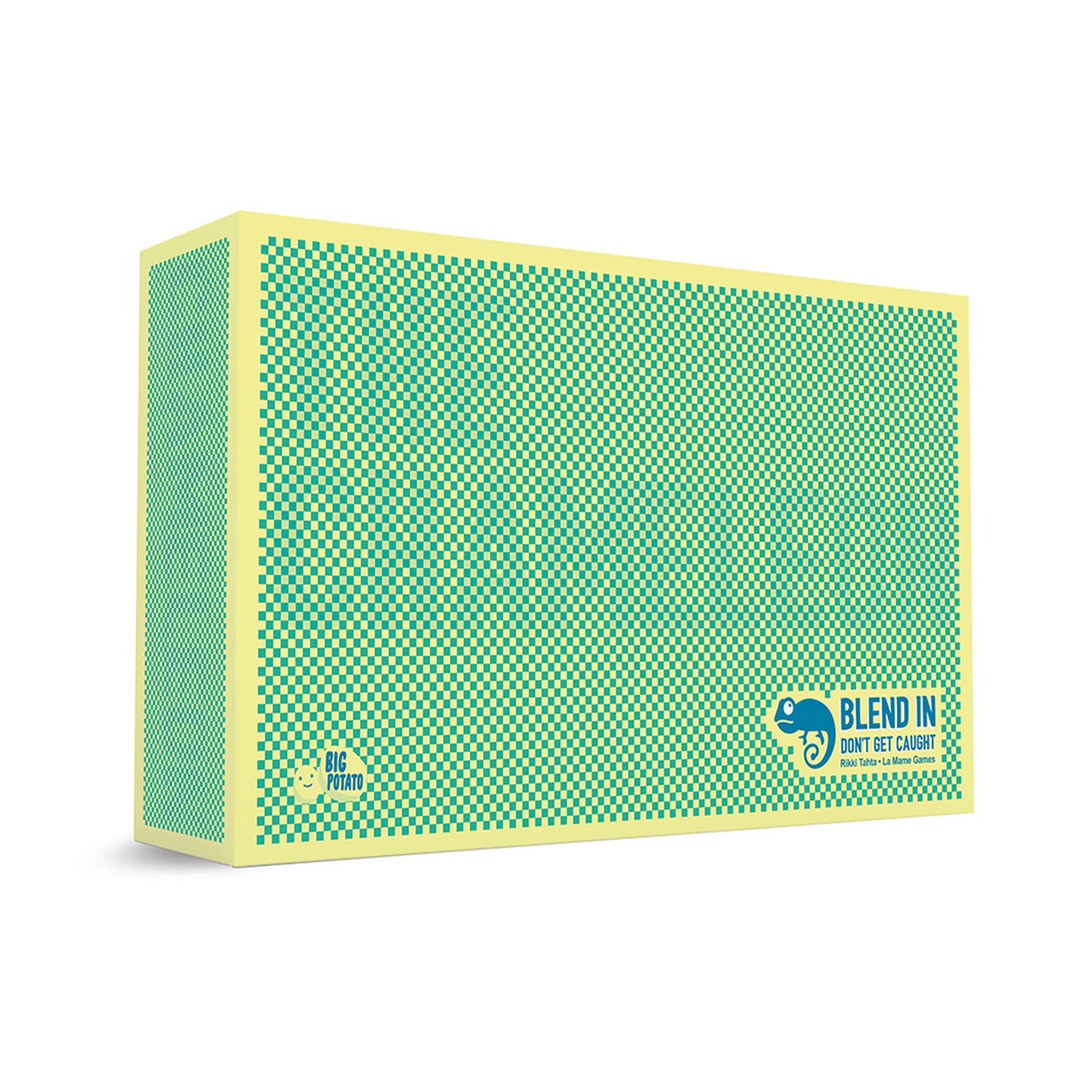 A board game box with a green and yellow checkered pattern and an illustration of a chameleon on the front. The game is titled 'The Chameleon' and is published by Big Potato.