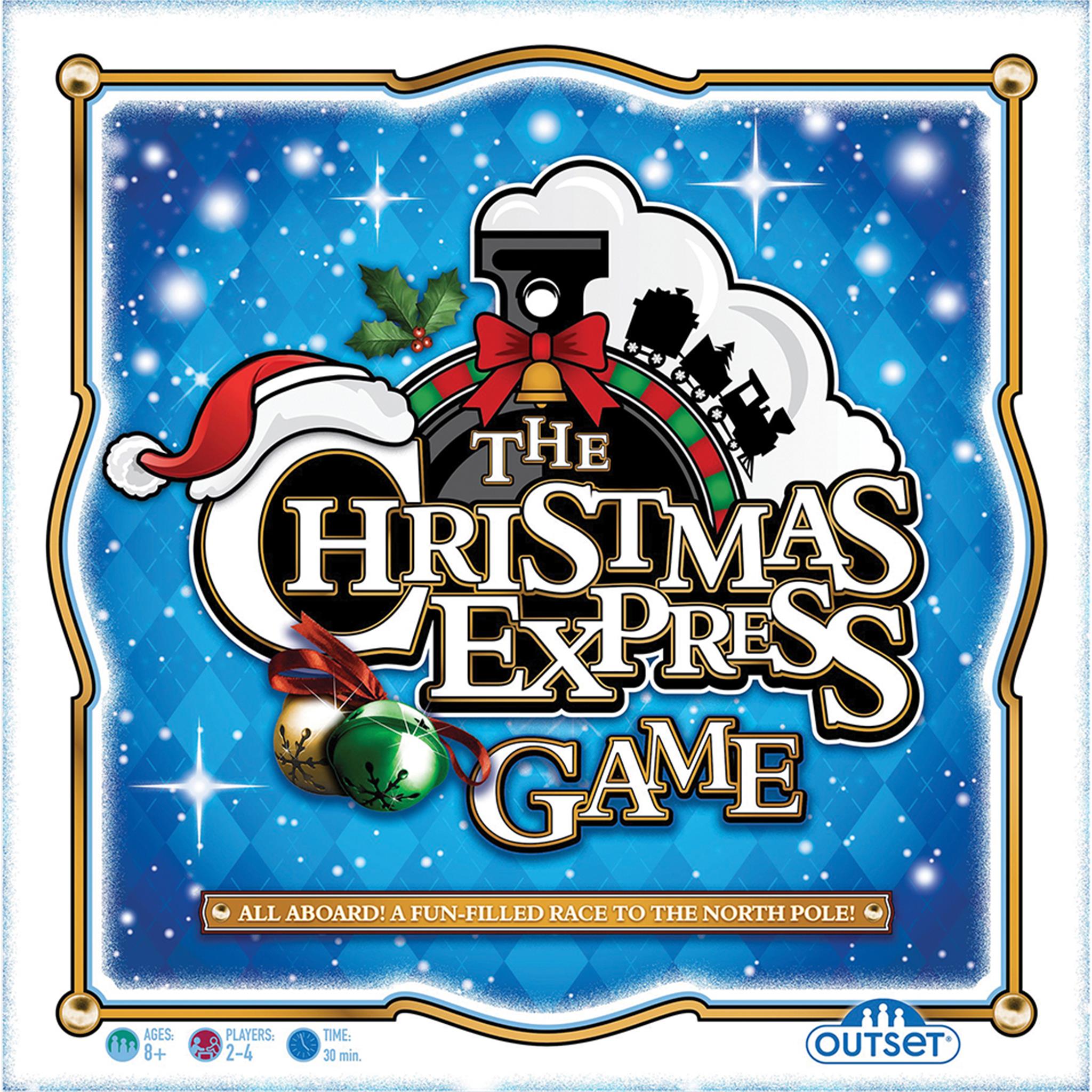 Cover art for the board game 'The Christmas Express Game' featuring a cartoon train with Christmas decorations, tracks, and a winter landscape.