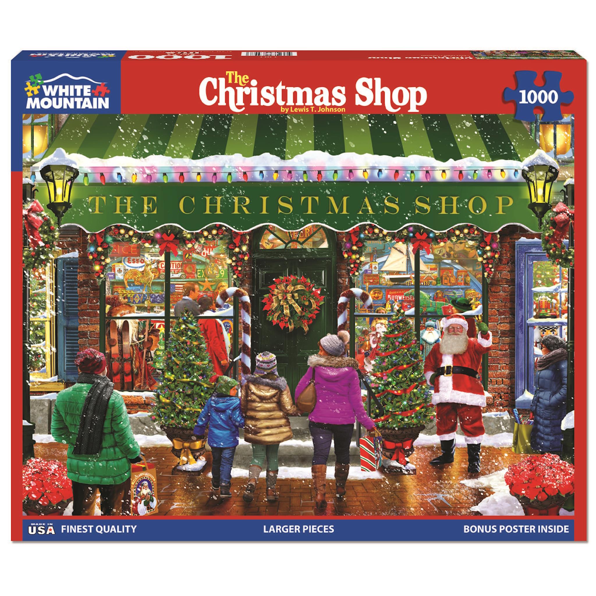 A 1000 piece jigsaw puzzle box featuring 'The Christmas Shop' with an illustration of a winter scene with people, Santa Claus, and Christmas decorations.